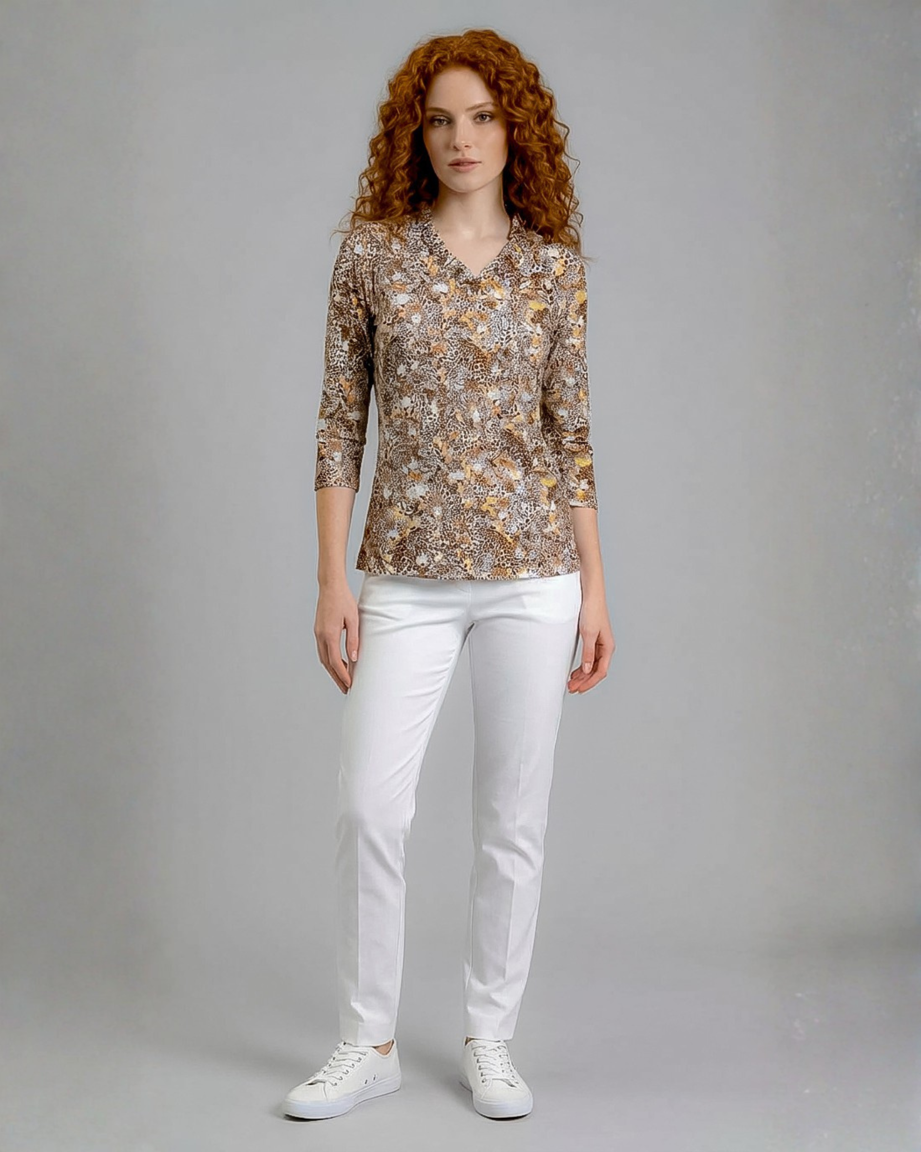 Wild side 3/4 Sleeve Ruffle Portrait Neck Top 76Z48