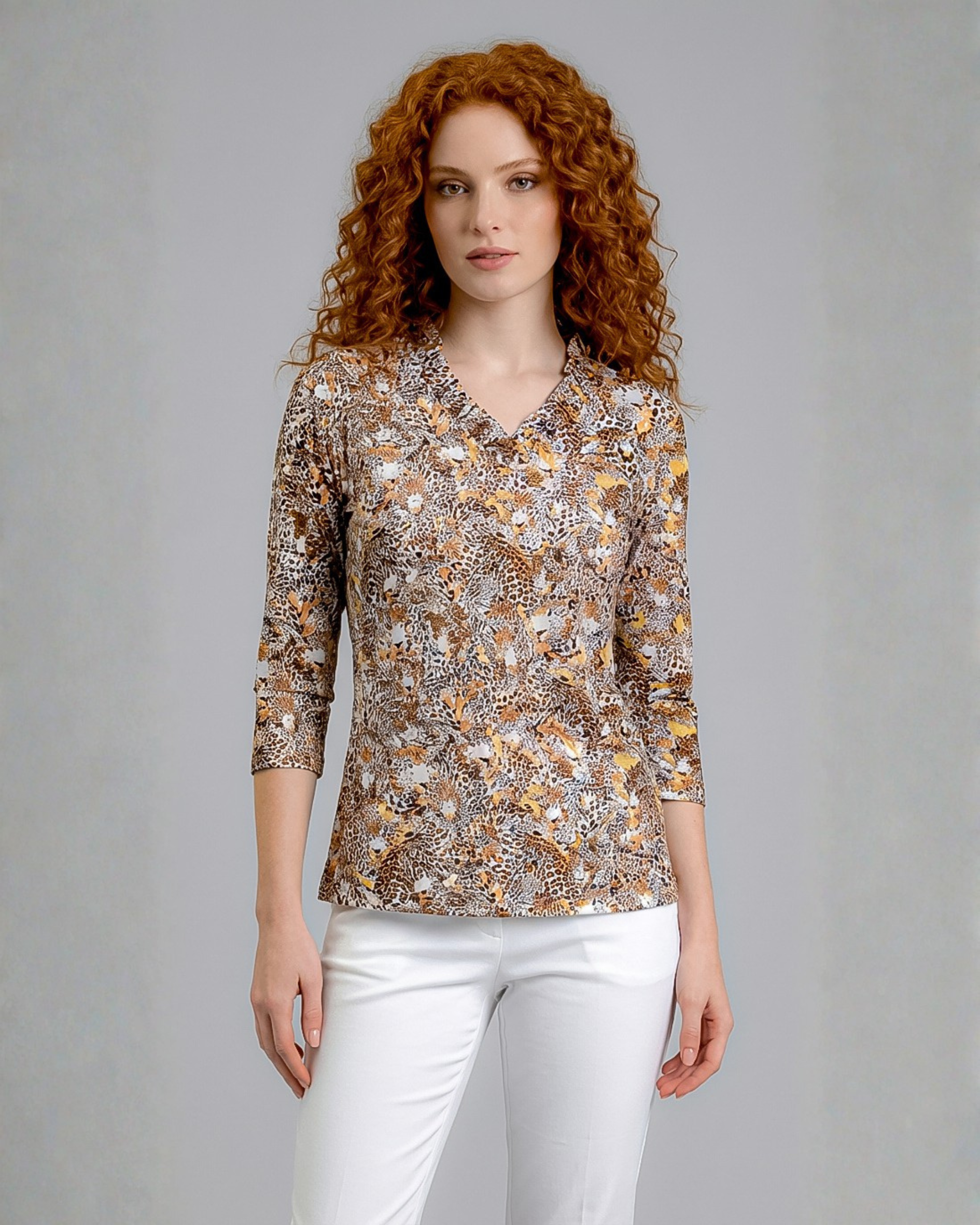 Wild side 3/4 Sleeve Ruffle Portrait Neck Top 76Z48