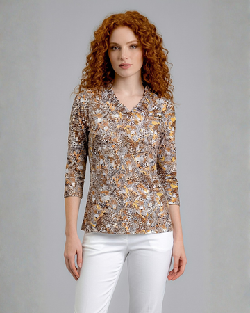 Wild side 3/4 Sleeve Ruffle Portrait Neck Top 76Z48