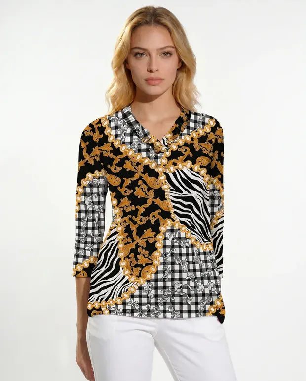 Zanzibar 3/4 Sleeve Ruffle Portrait Neck Top 76Z20