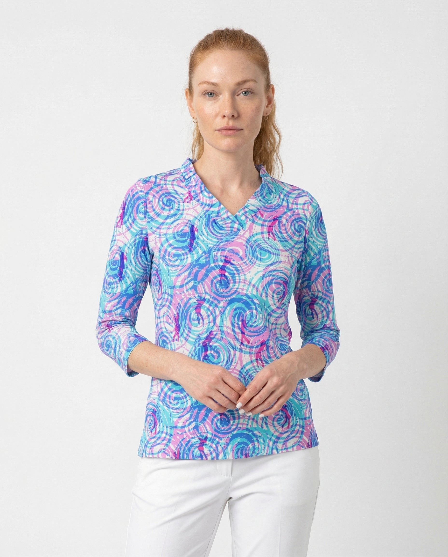Swing Around 3/4 Sleeve Ruffle Portrait Neck Top 76Z61