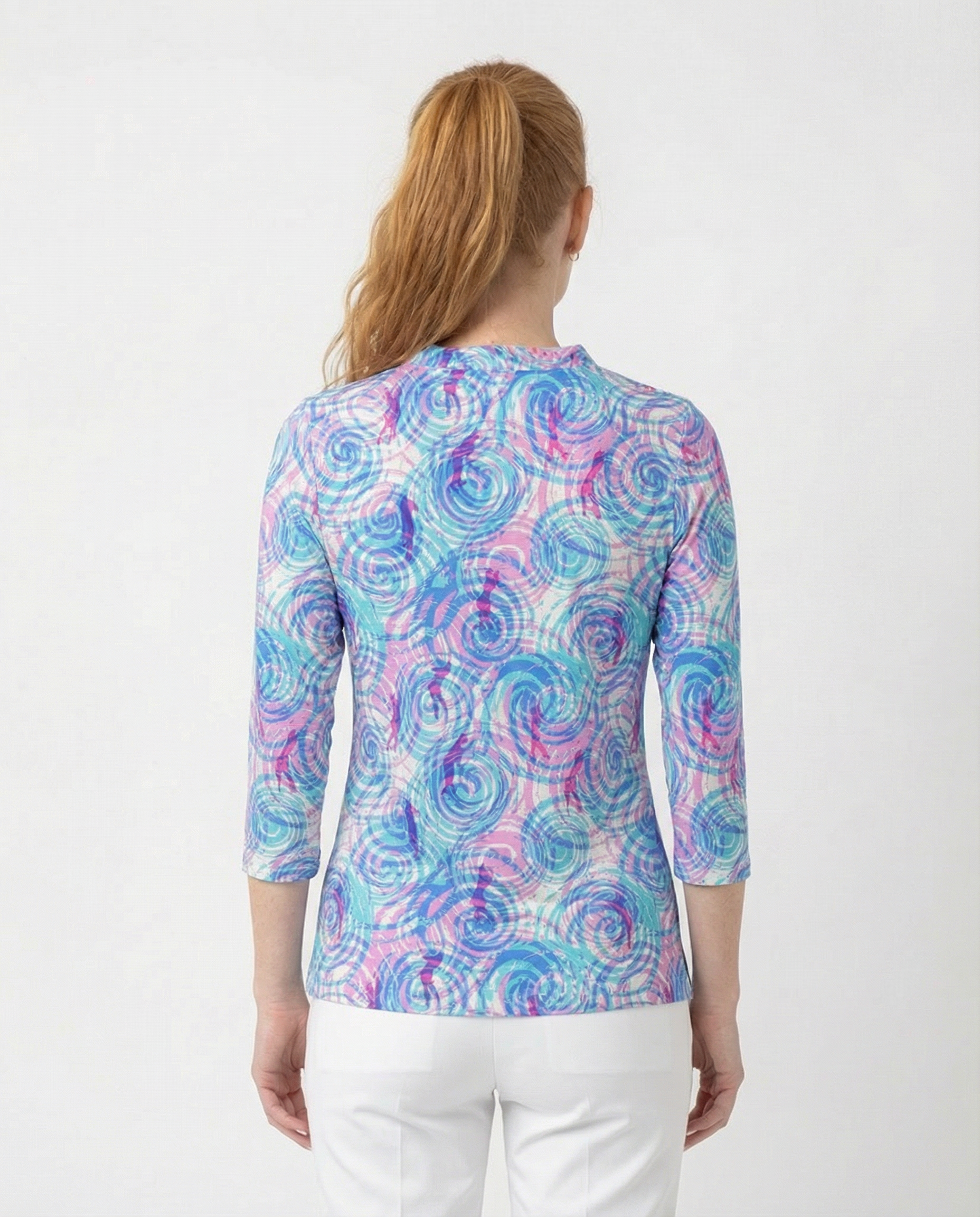 Swing Around 3/4 Sleeve Ruffle Portrait Neck Top 76Z61