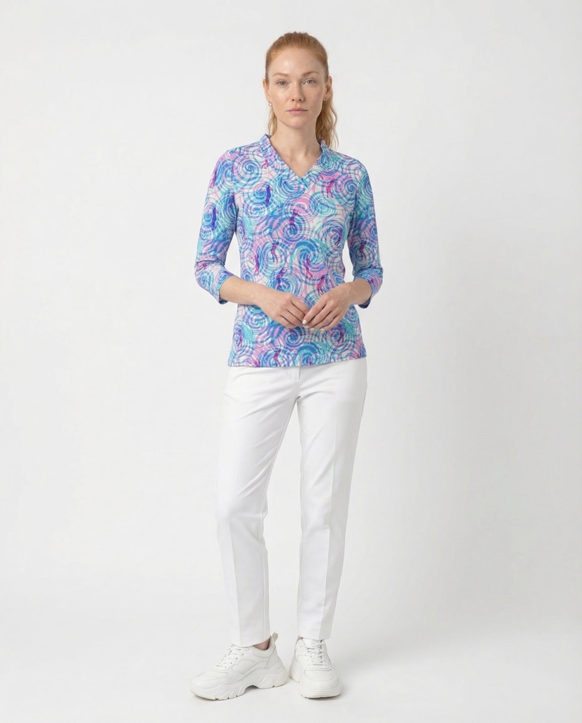 Swing Around 3/4 Sleeve Ruffle Portrait Neck Top 76Z61