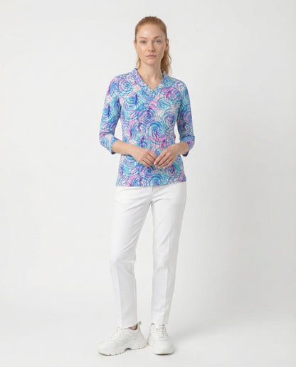 Swing Around 3/4 Sleeve Ruffle Portrait Neck Top 76Z61