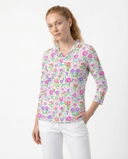 Daisy cocktail party 3/4 Sleeve Ruffle Portrait Neck Top 76Z55