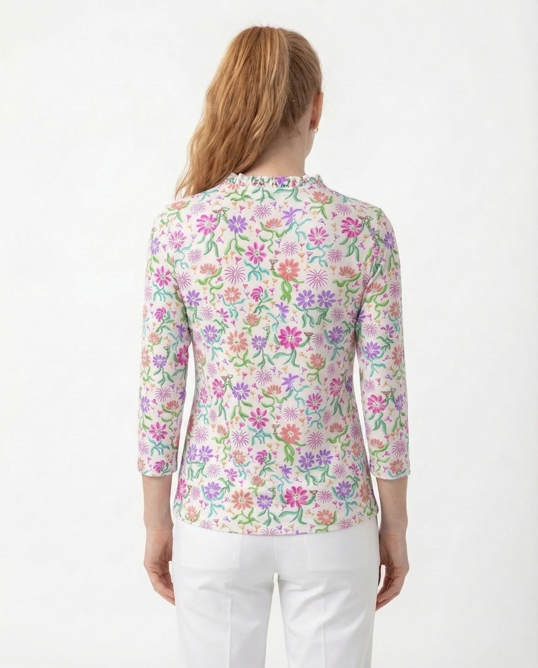 Daisy cocktail party 3/4 Sleeve Ruffle Portrait Neck Top 76Z55