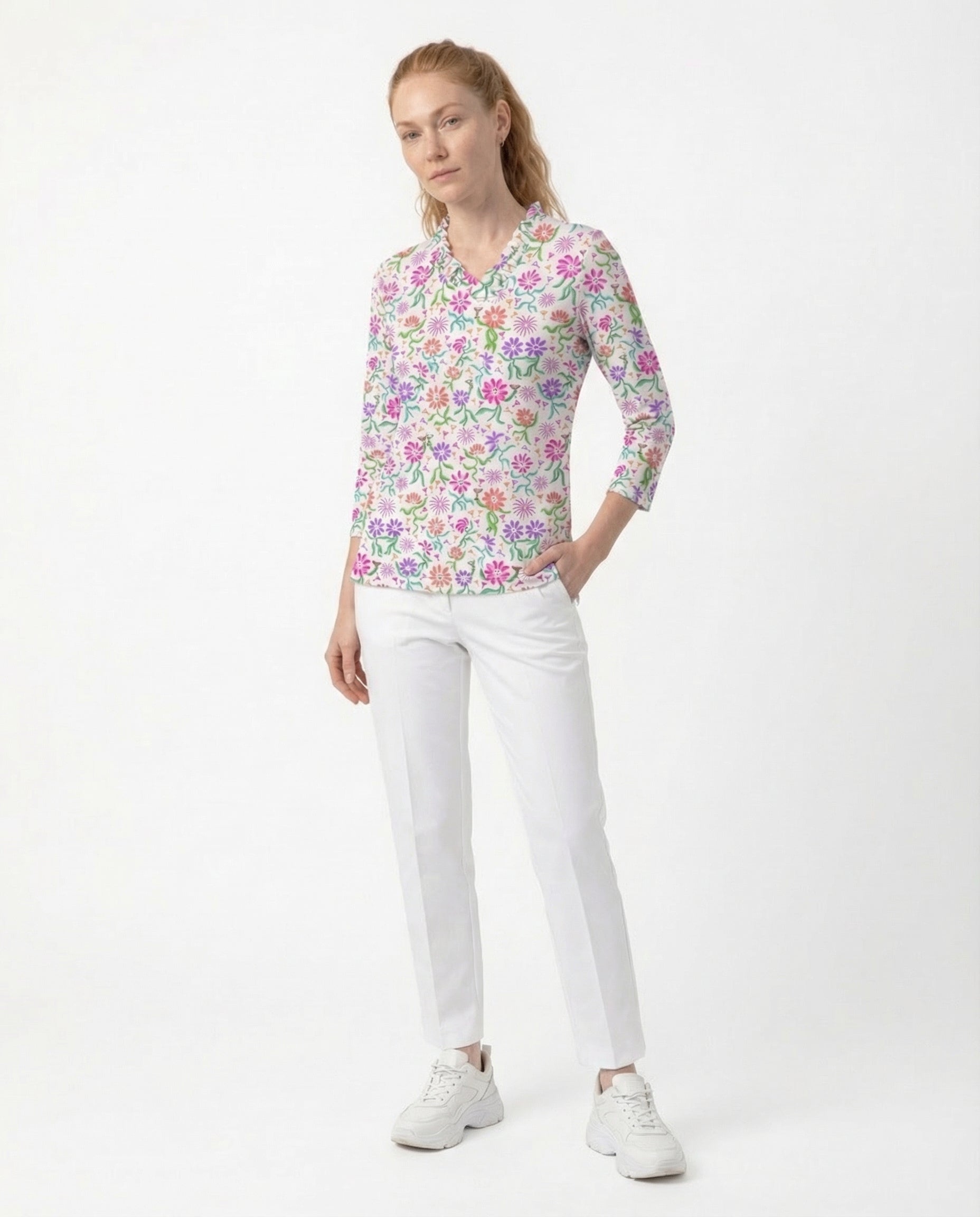 Daisy cocktail party 3/4 Sleeve Ruffle Portrait Neck Top 76Z55