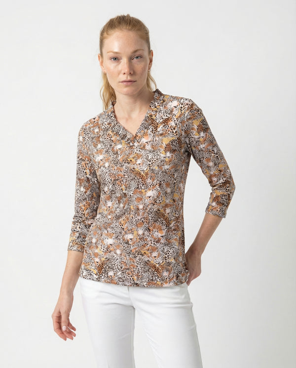 Wild side 3/4 Sleeve Ruffle Portrait Neck Top 76Z48