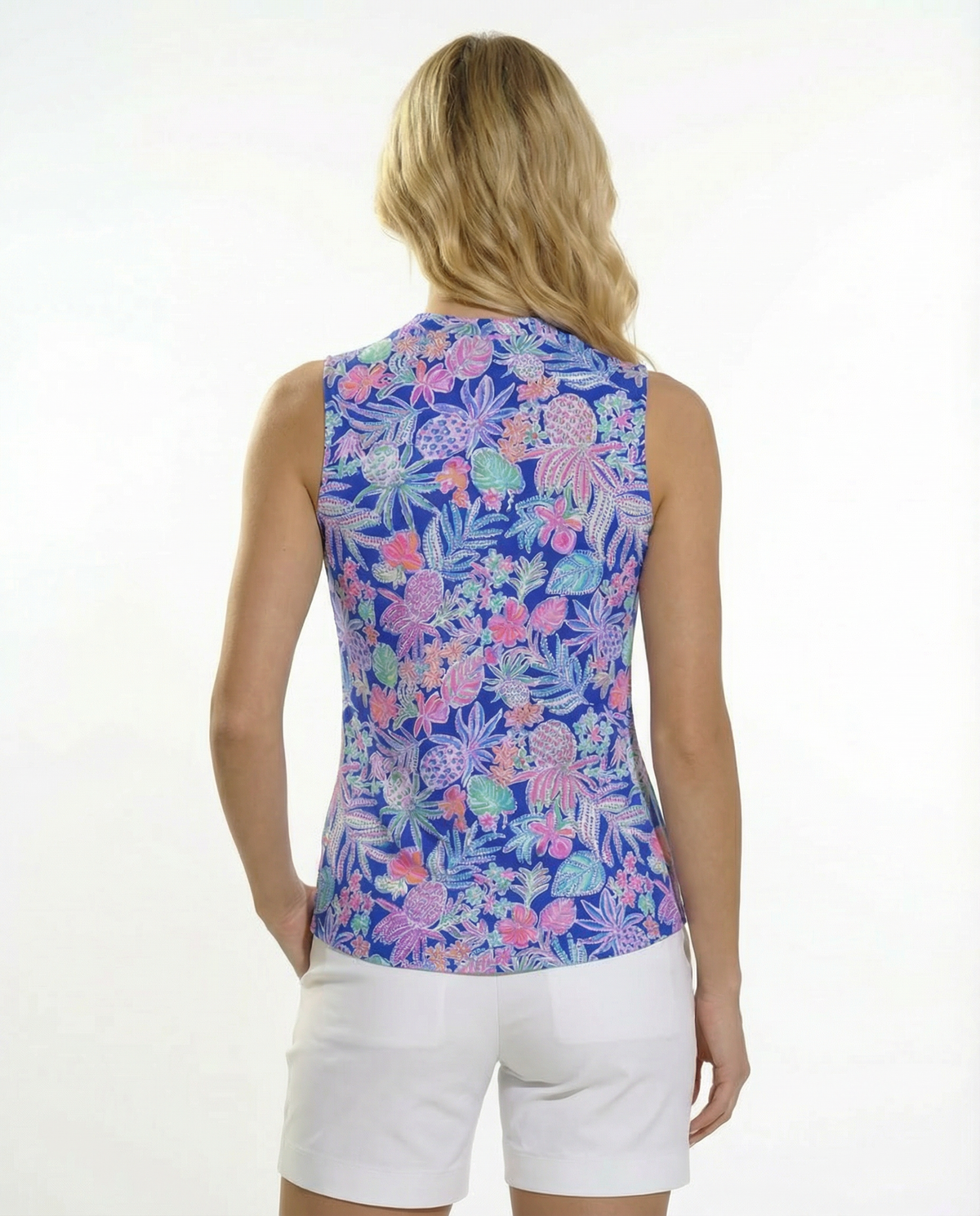 Tropical Basket Sleeveless V-Neck Collar Top with Piping T88Z60