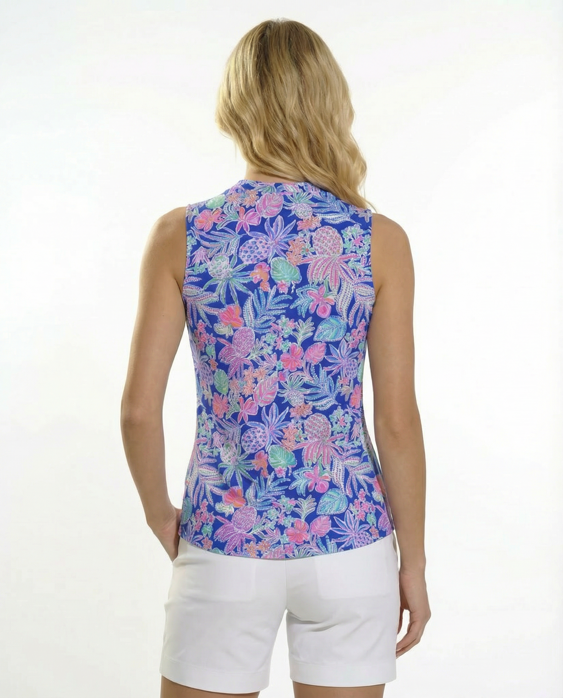 Tropical Basket Sleeveless V-Neck Collar Top with Piping T88Z60