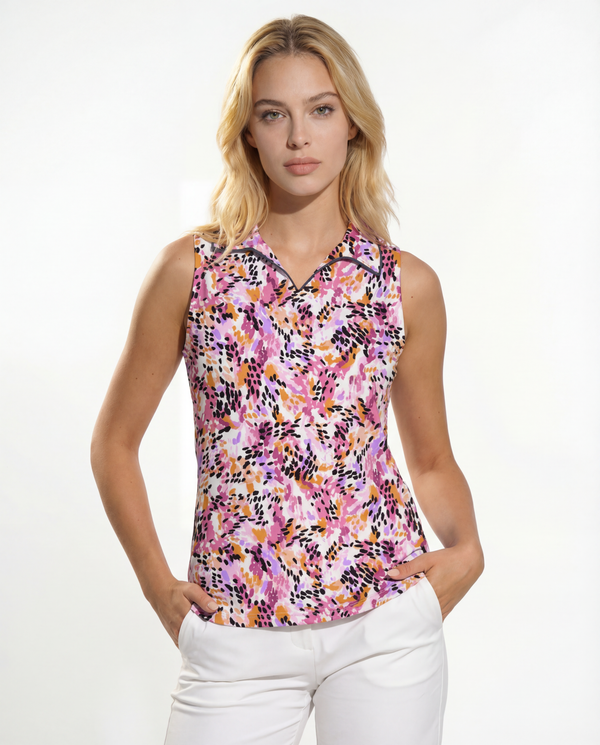 Wilderness Sleeveless V-Neck Collar Top with Piping T88Z57