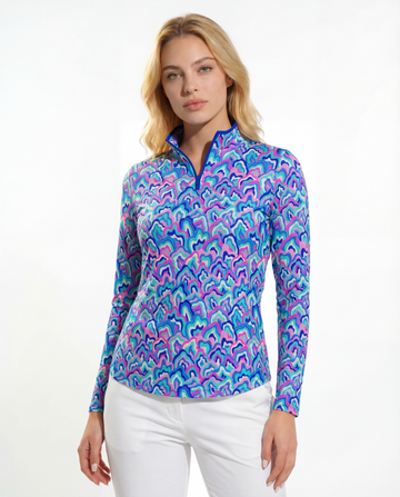 Out Of Course Long Sleeve Zip Mock Top WITH PIPING T86Z54