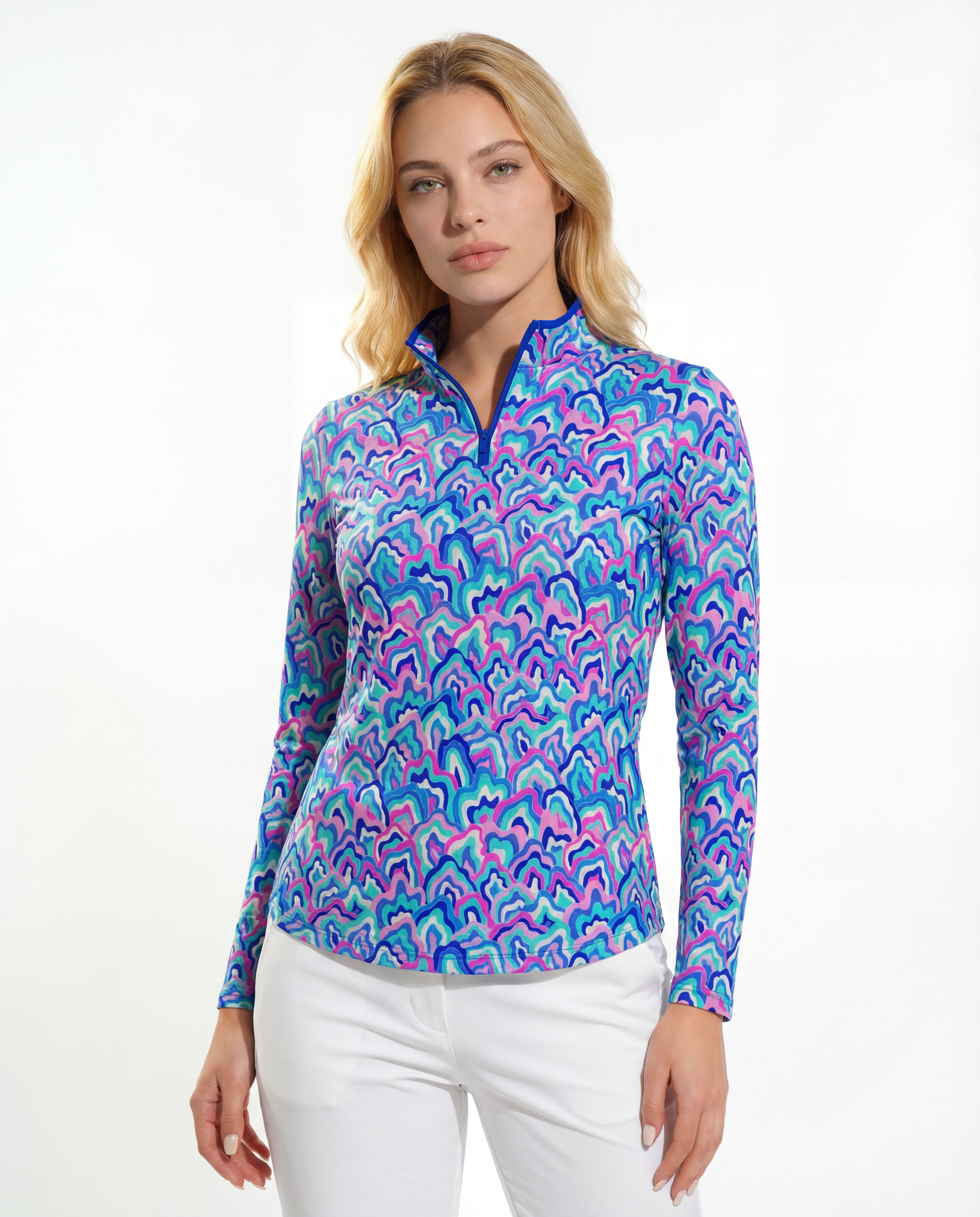 Out Of Course Long Sleeve Zip Mock Top WITH PIPING T86Z54