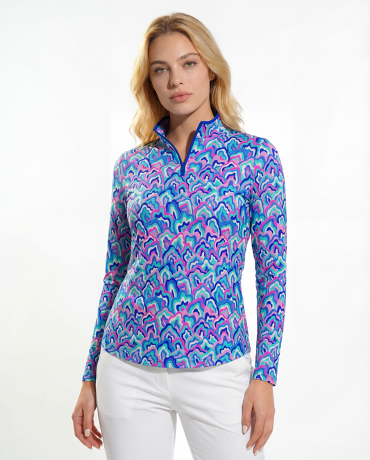 Out Of Course Long Sleeve Zip Mock Top WITH PIPING T86Z54