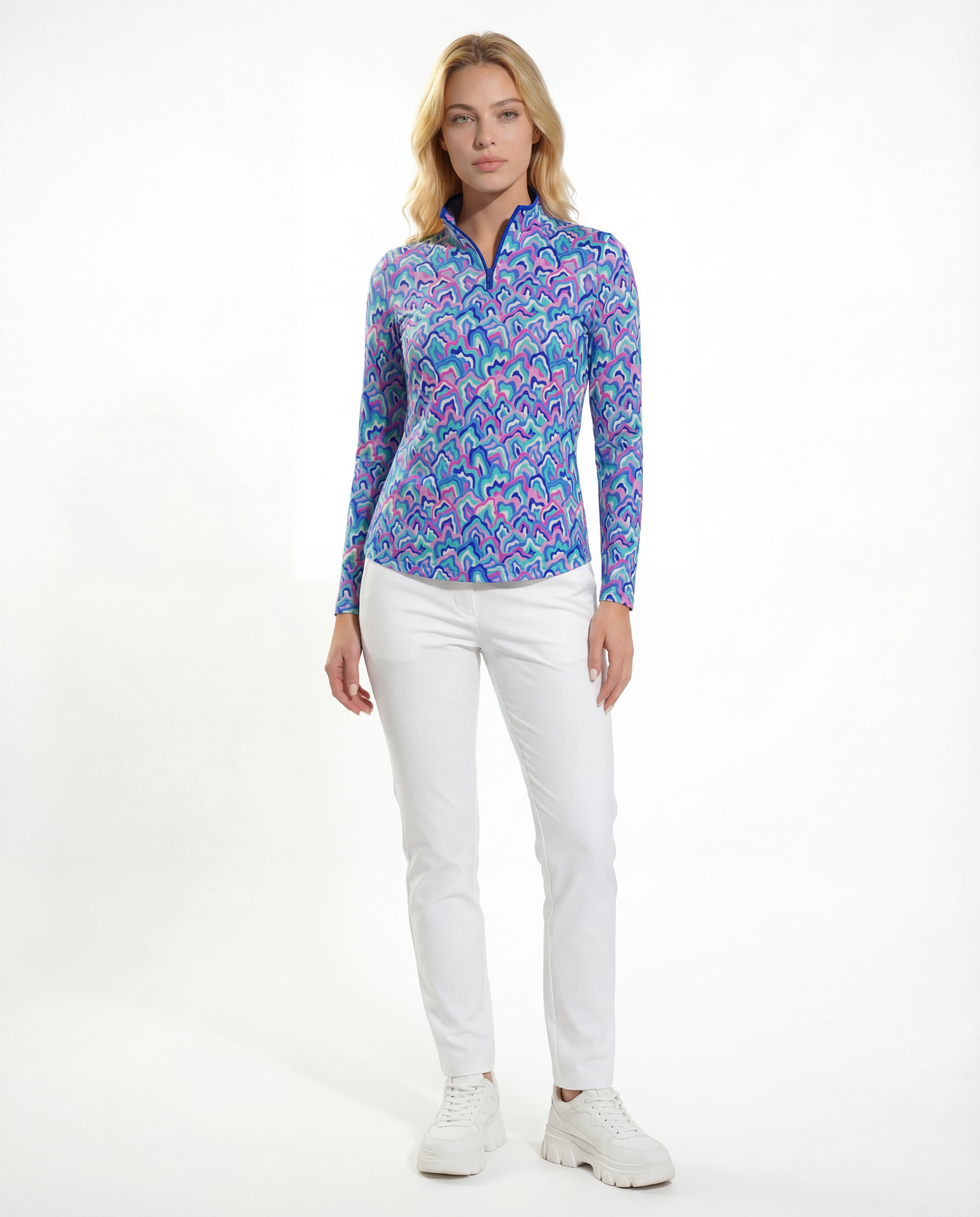 Out Of Course Long Sleeve Zip Mock Top WITH PIPING T86Z54
