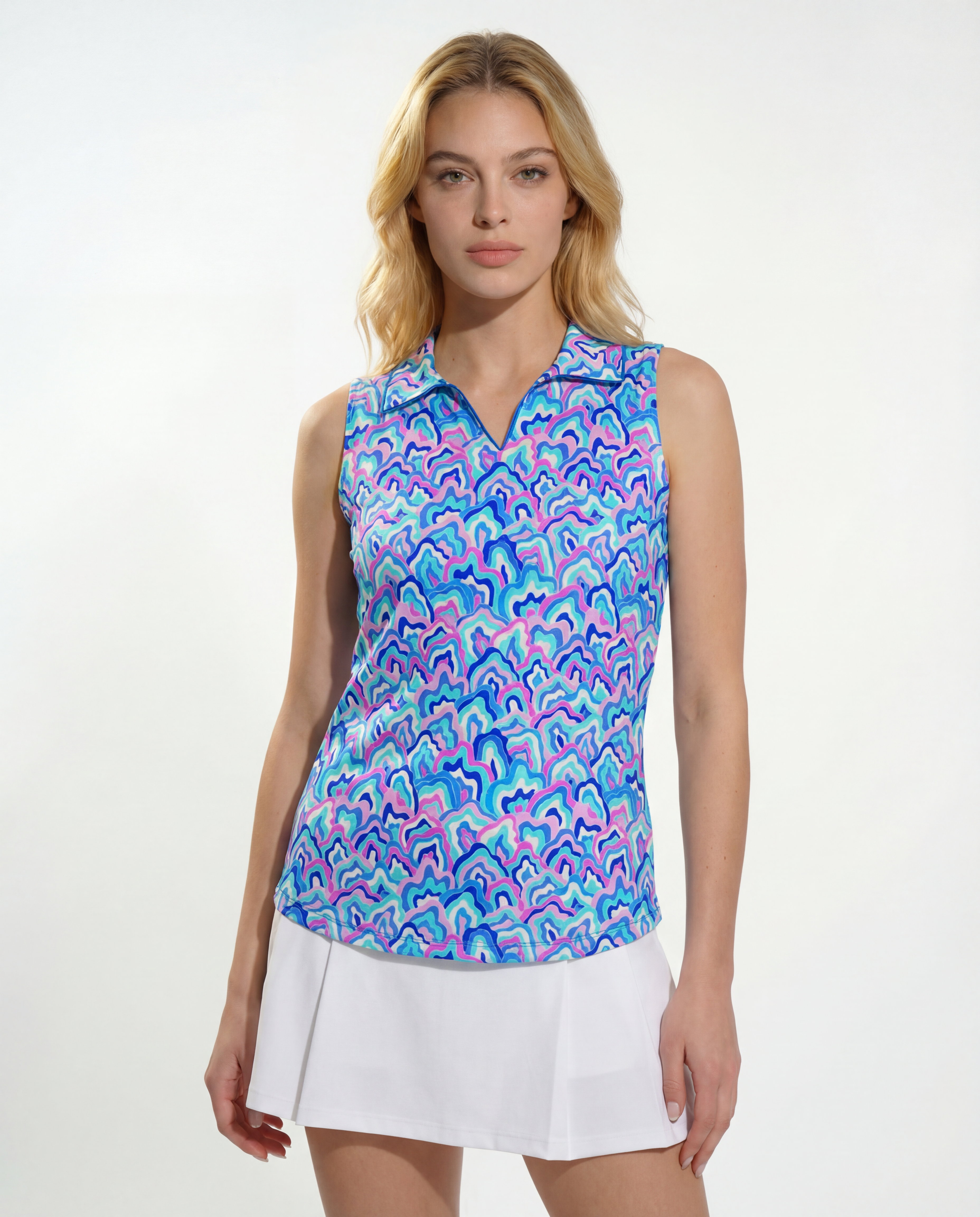 Out Of Course Sleeveless V-Neck Collar Top with Piping T88Z54