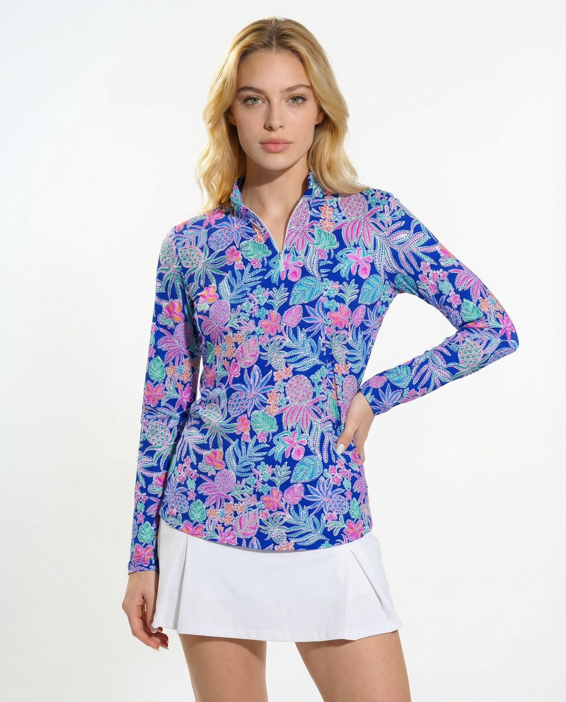 Tropical Basket Long Sleeve Zip Mock Top 86Z60