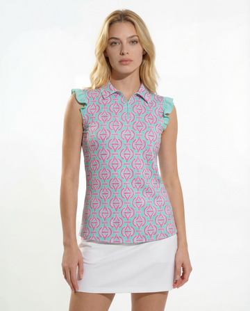 Victory V Ruffle Solid Puff Sleeve Polo Top T98z31