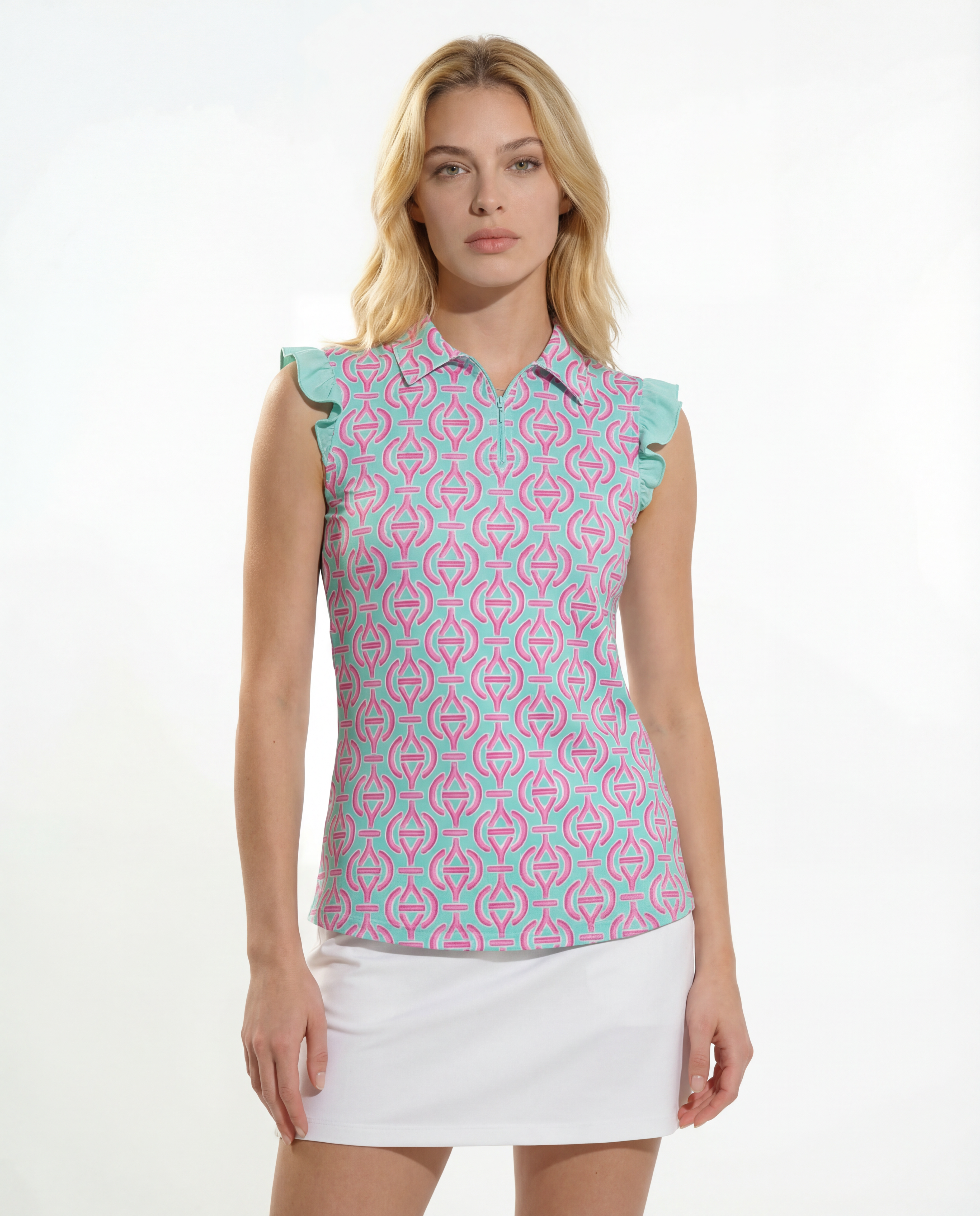 Victory V Ruffle Solid Puff Sleeve Polo Top T98z31