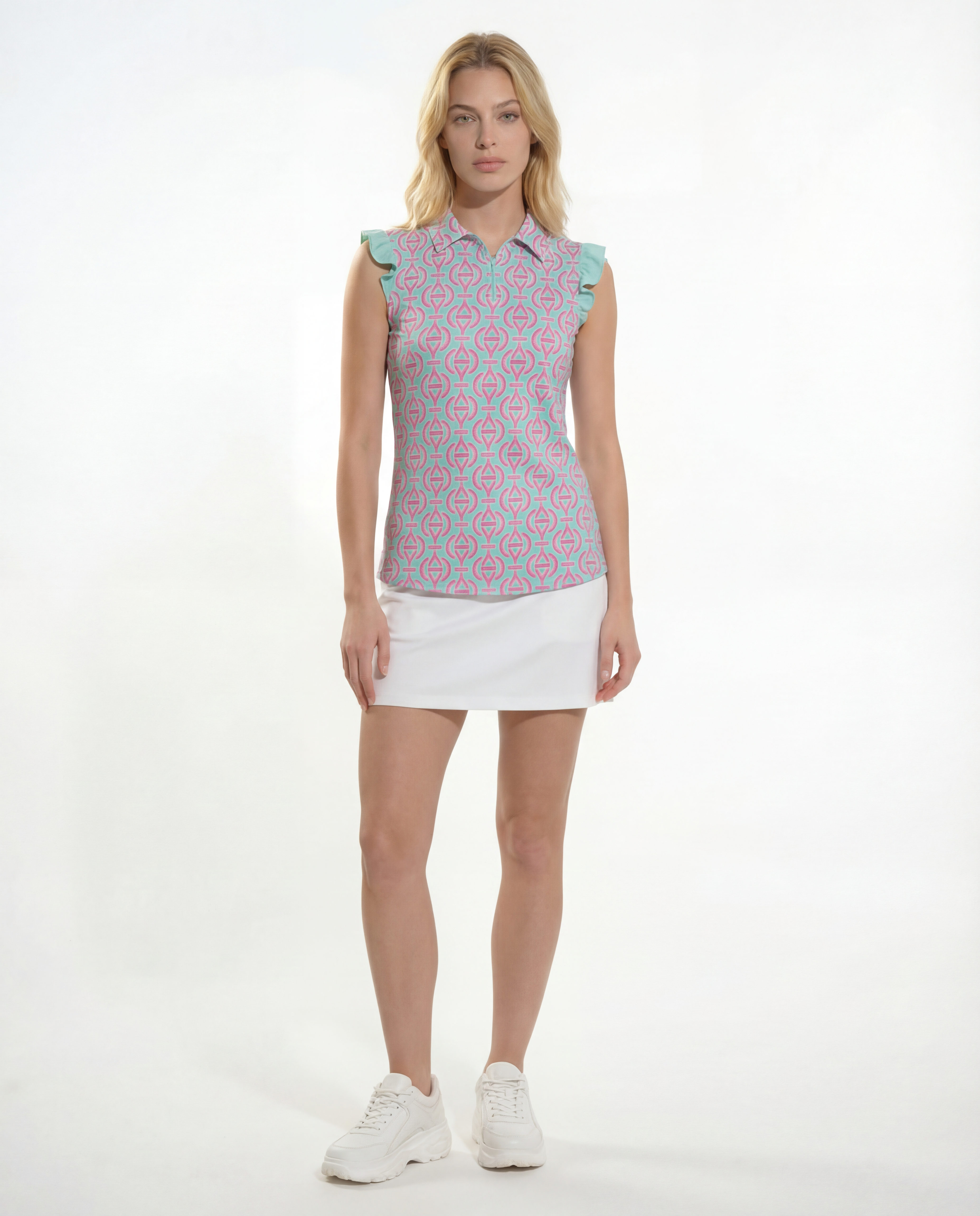 Victory V Ruffle Solid Puff Sleeve Polo Top T98z31