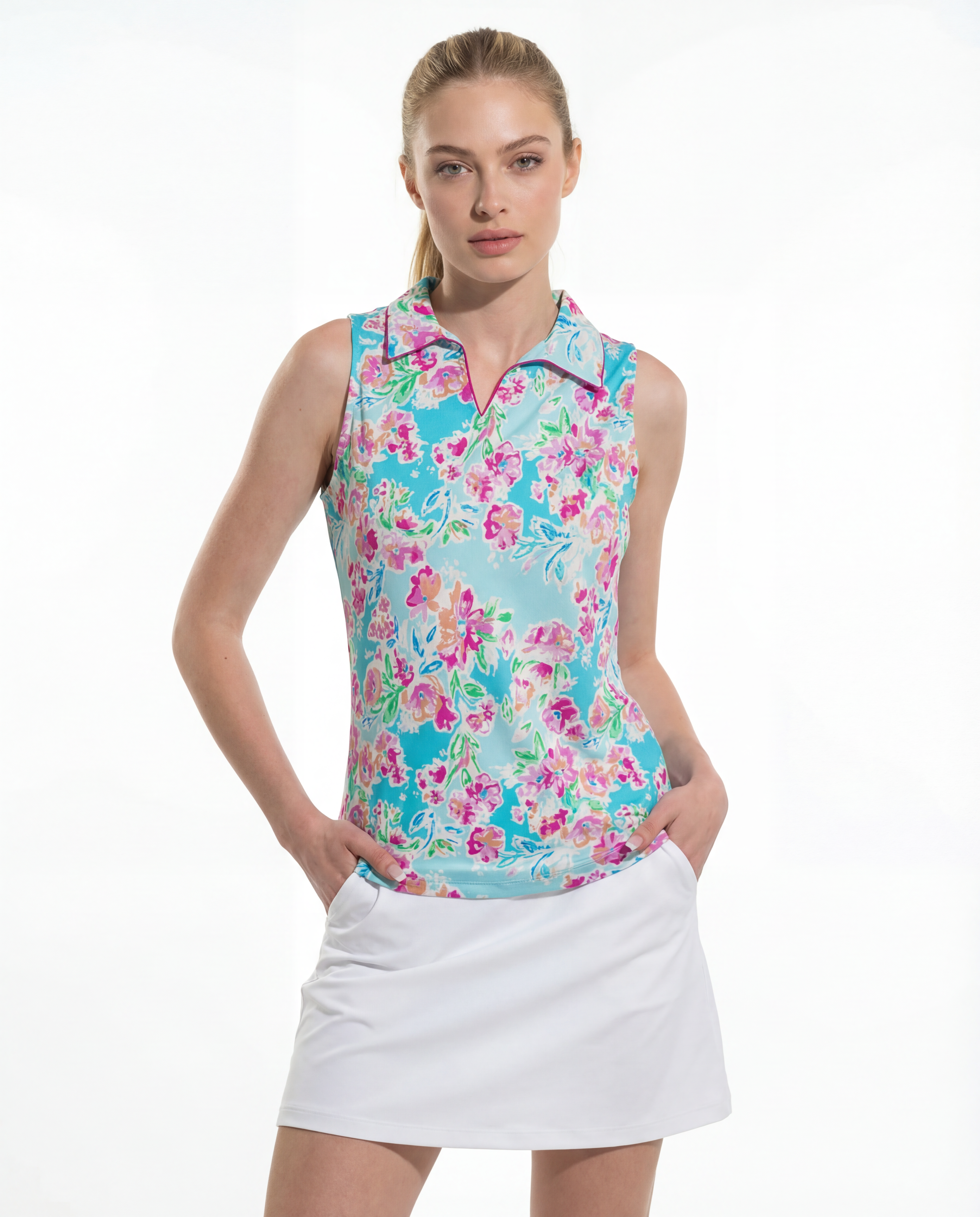Flor De Gloria Sleeveless V-Neck Collar Top with Piping T88Z36