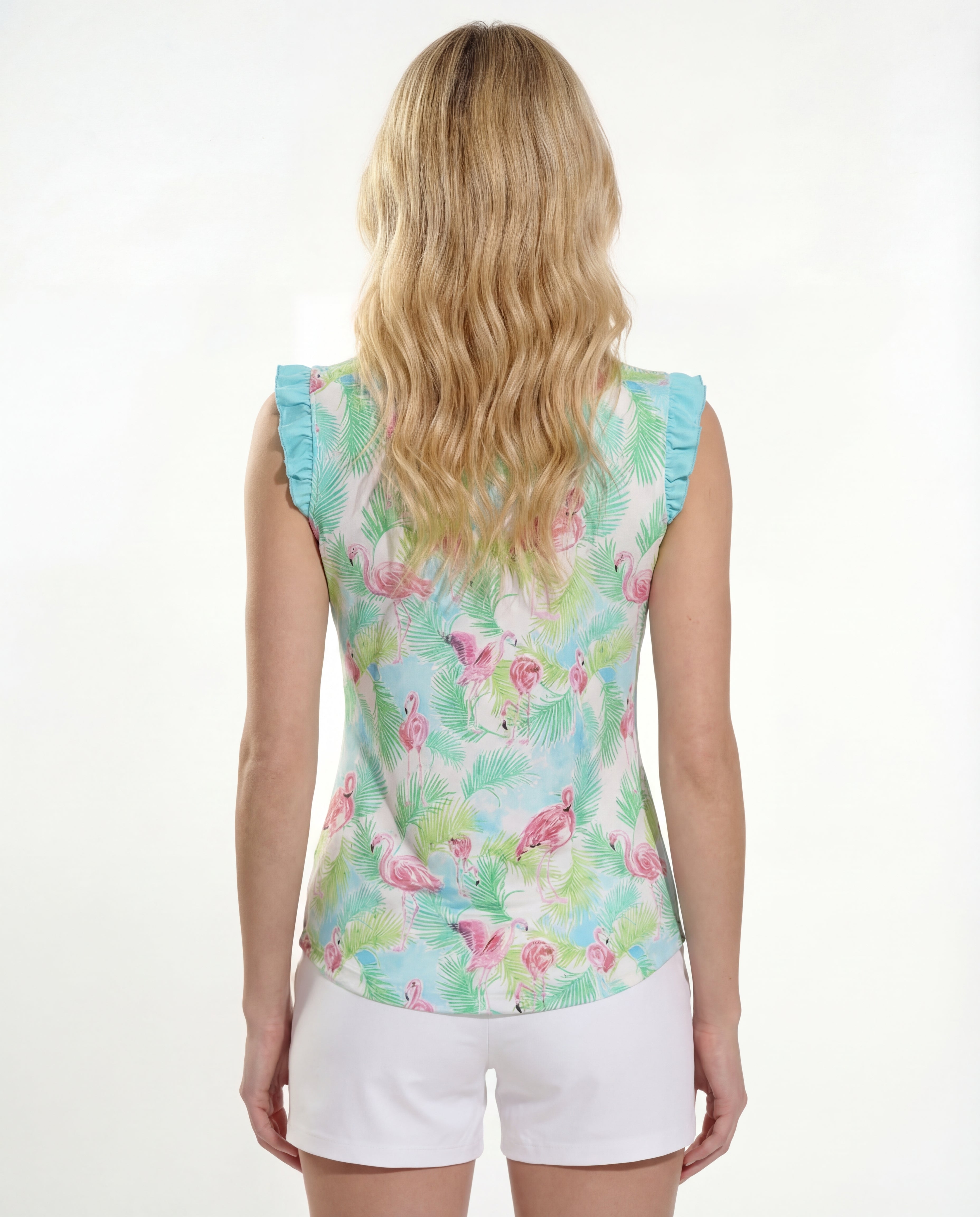 Flamenco Ruffle Solid Puff Sleeve Polo Top T98z40