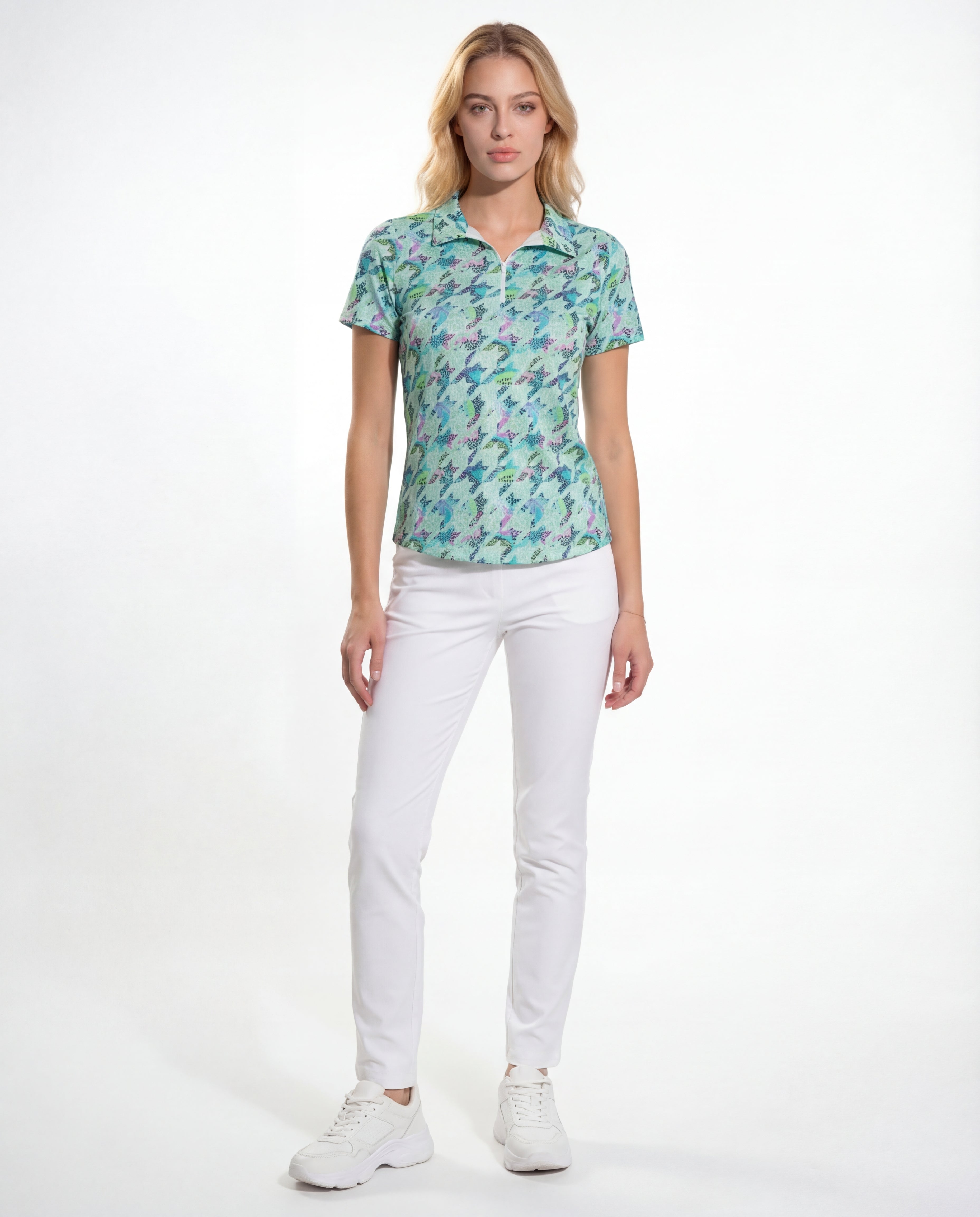 Houndstooth Short Sleeve Polo Top 69Z07
