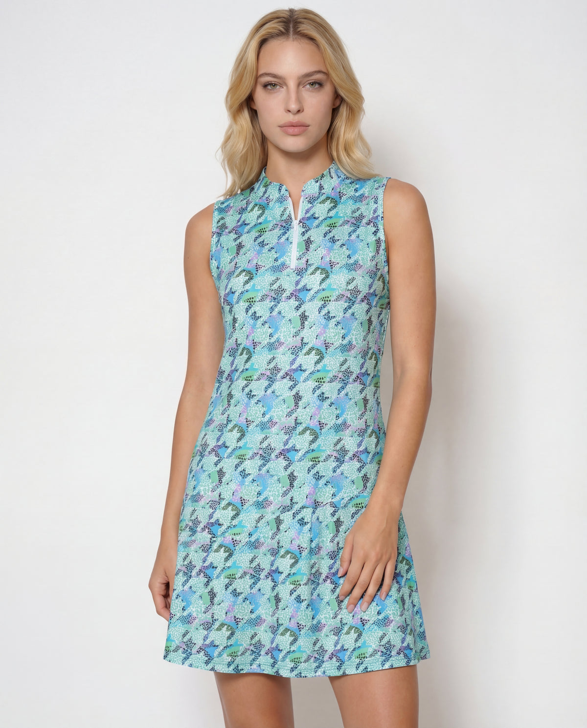 Houndstooth Sleeveless Hem Flounce Dress W/Pocket 52z07