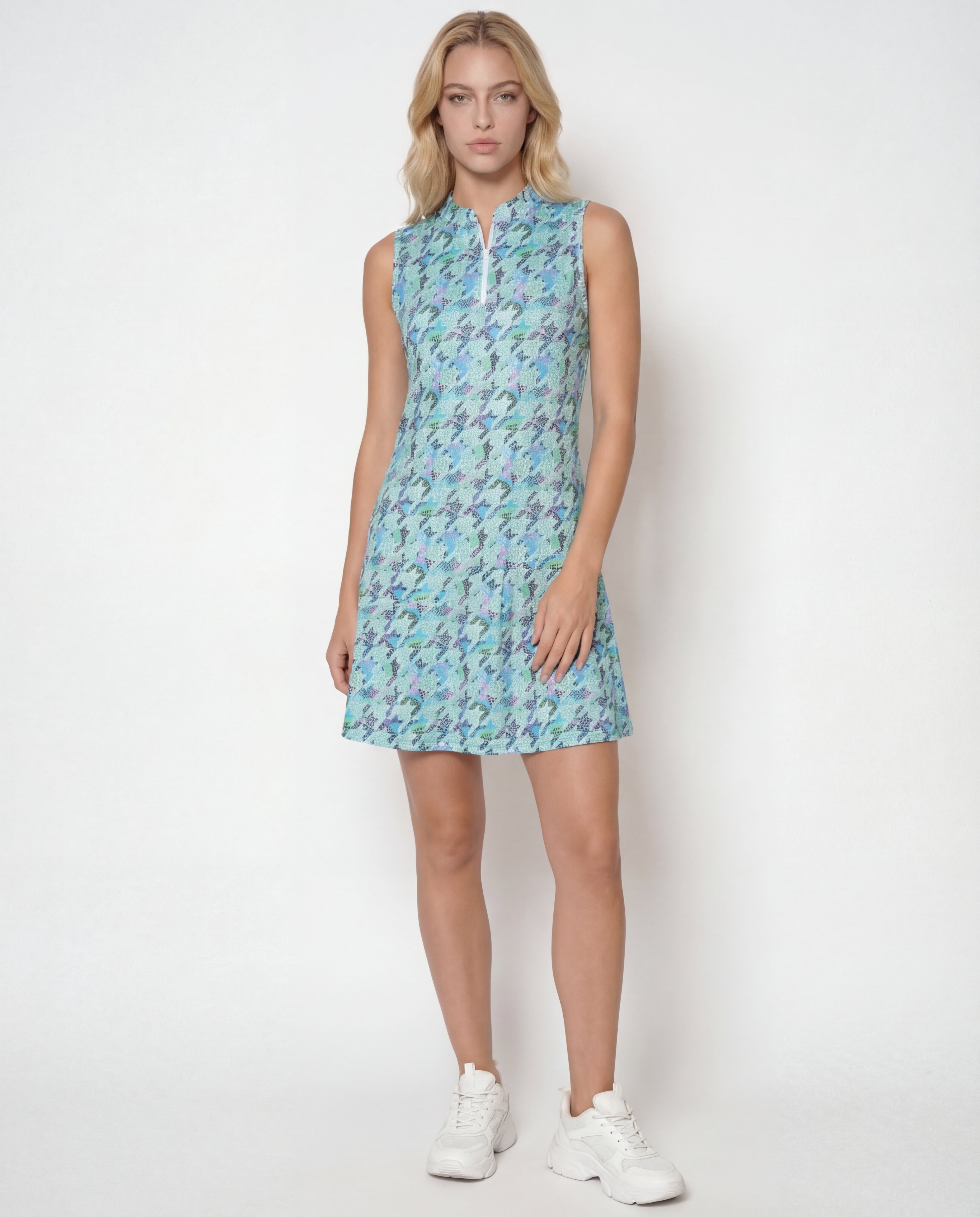 Houndstooth Sleeveless Hem Flounce Dress 52z07