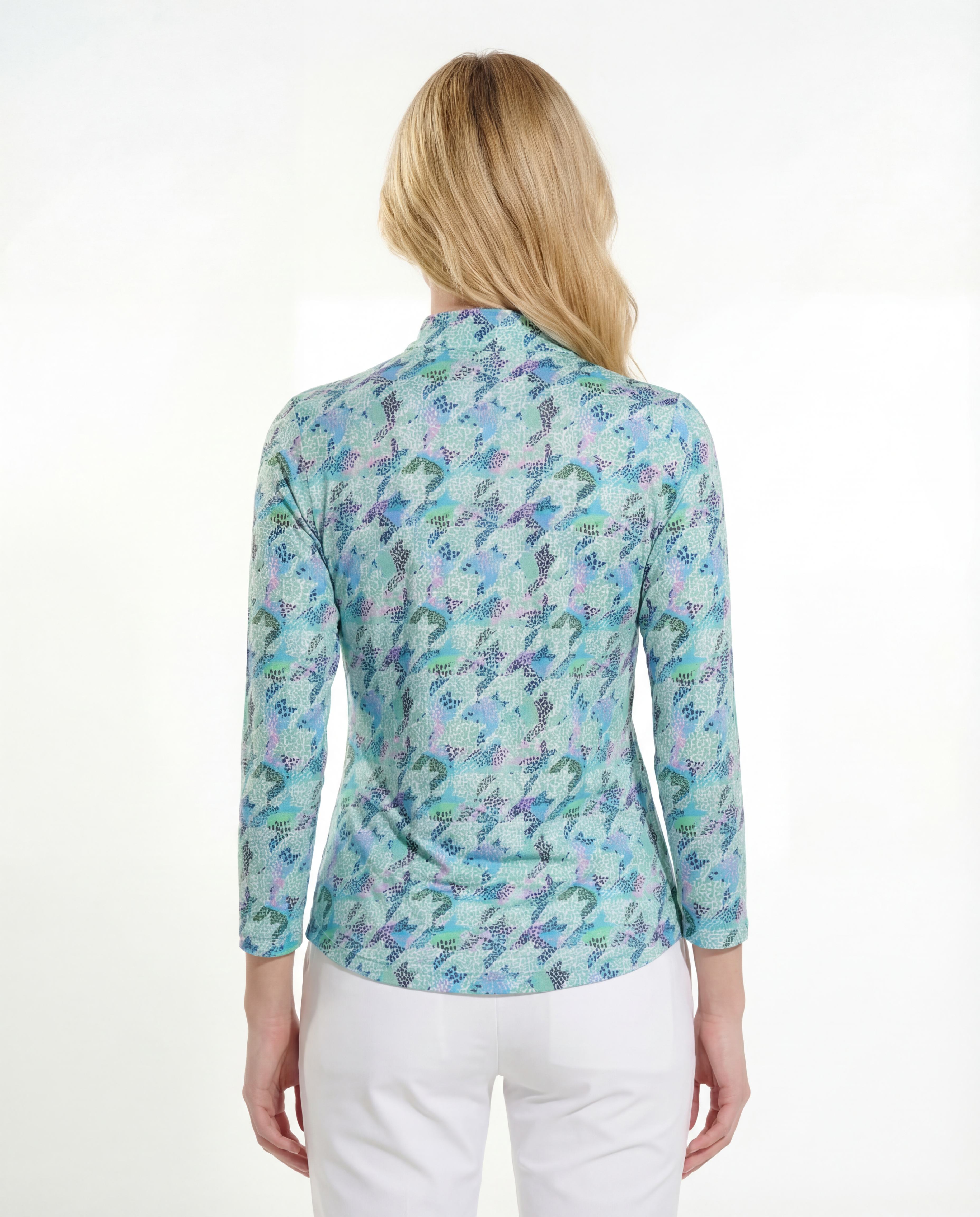 Houndstooth Long Sleeve Zip Mock Top 86Z07