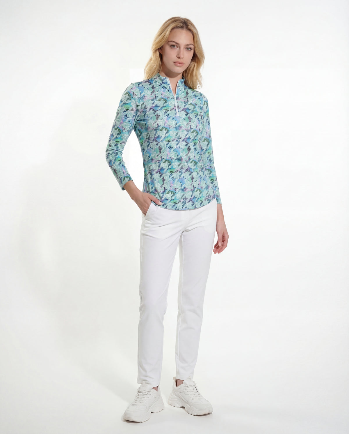 Houndstooth Long Sleeve Zip Mock Top 86Z07