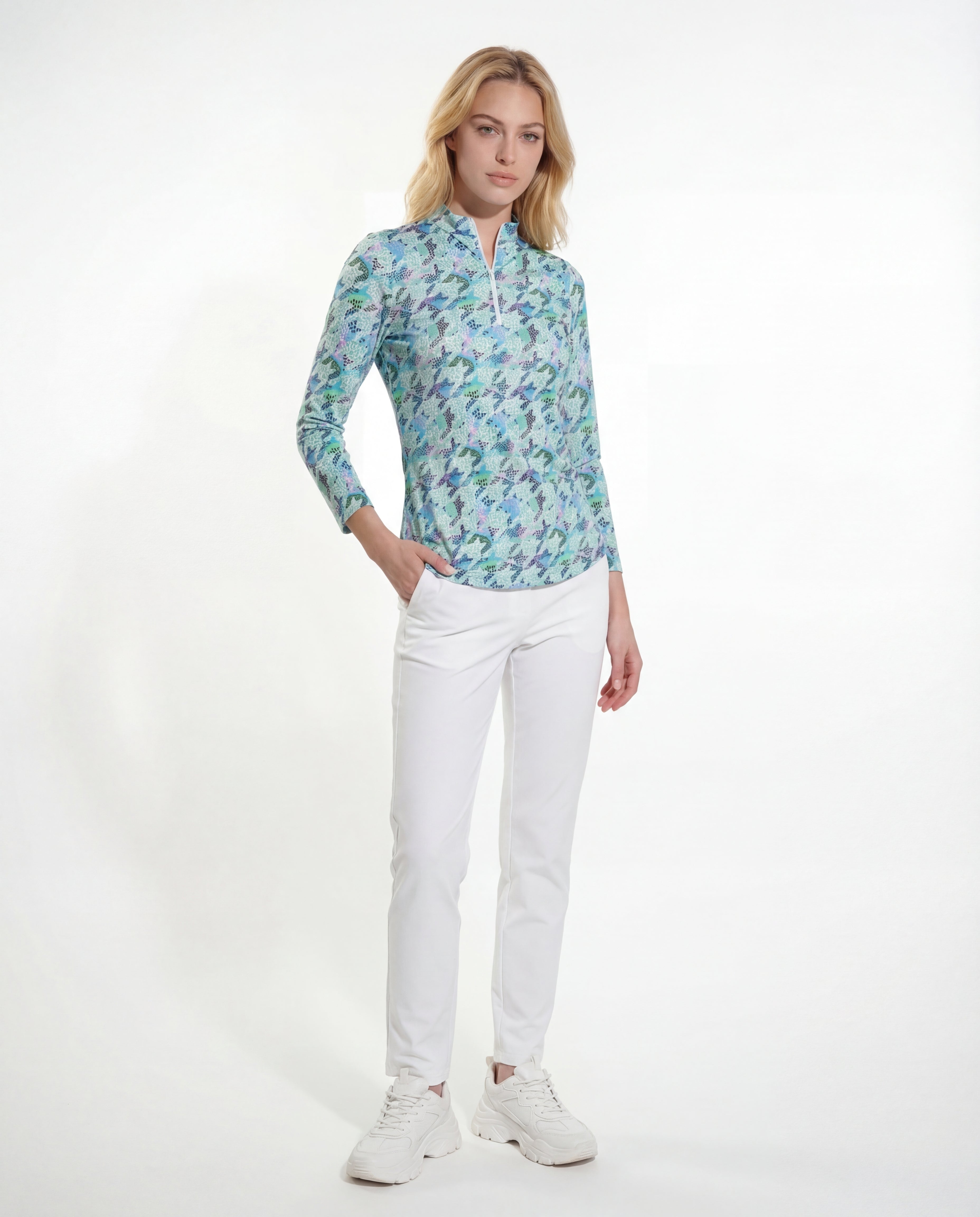 Houndstooth Long Sleeve Zip Mock Top 86Z07