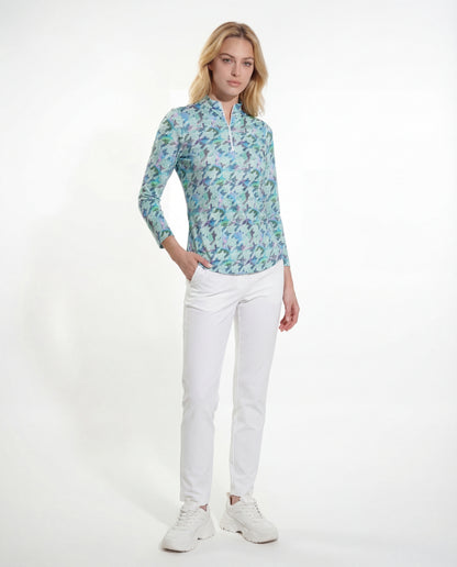 Houndstooth Long Sleeve Zip Mock Top 86Z07