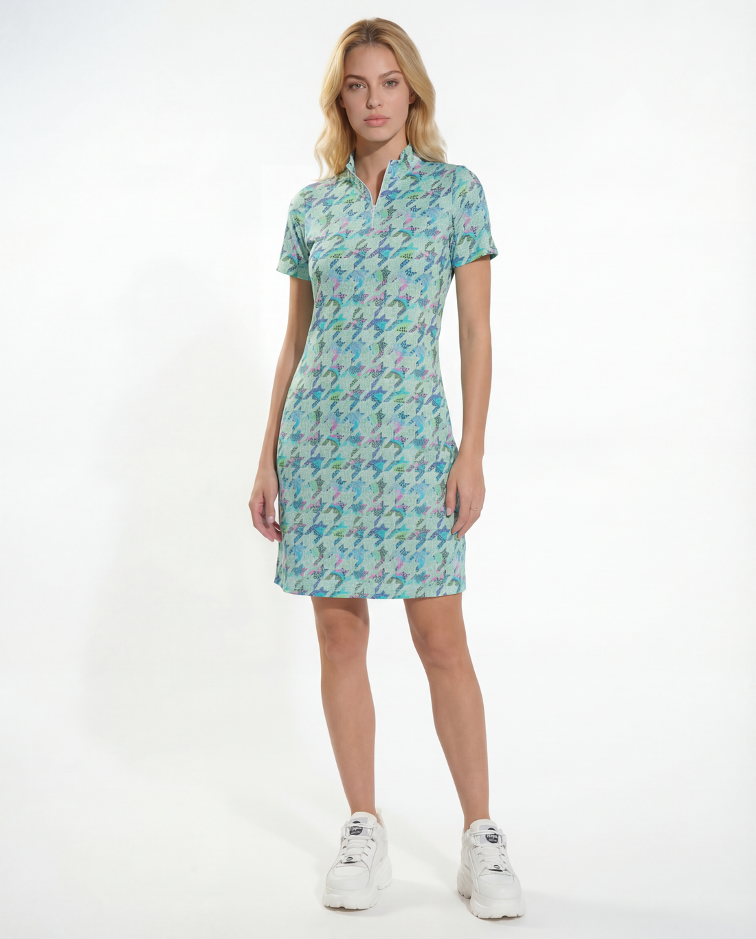 Houndstooth Mock Neck Half Sleeve Dress 58Z07