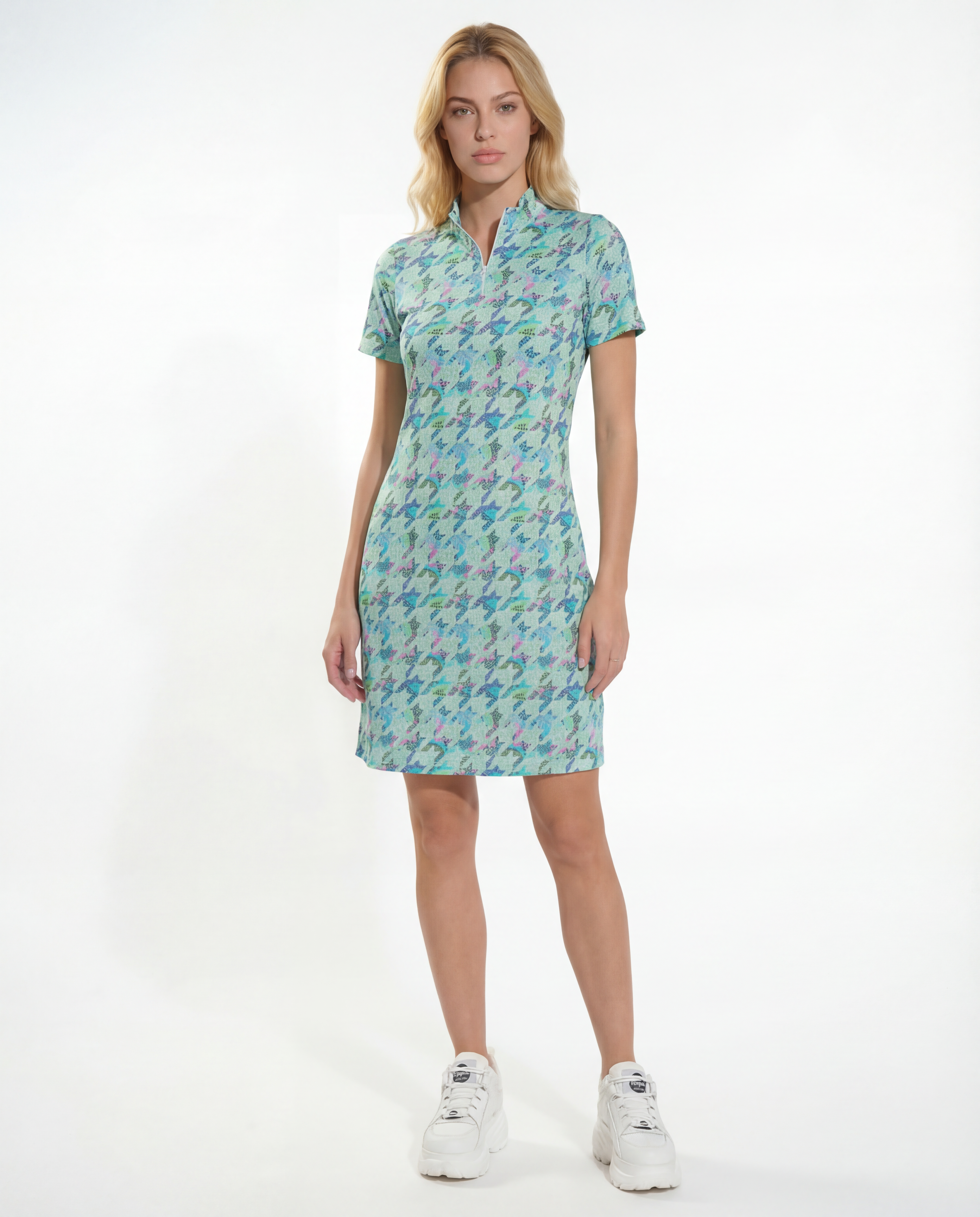 Houndstooth Mock Neck Half Sleeve Dress 58Z07