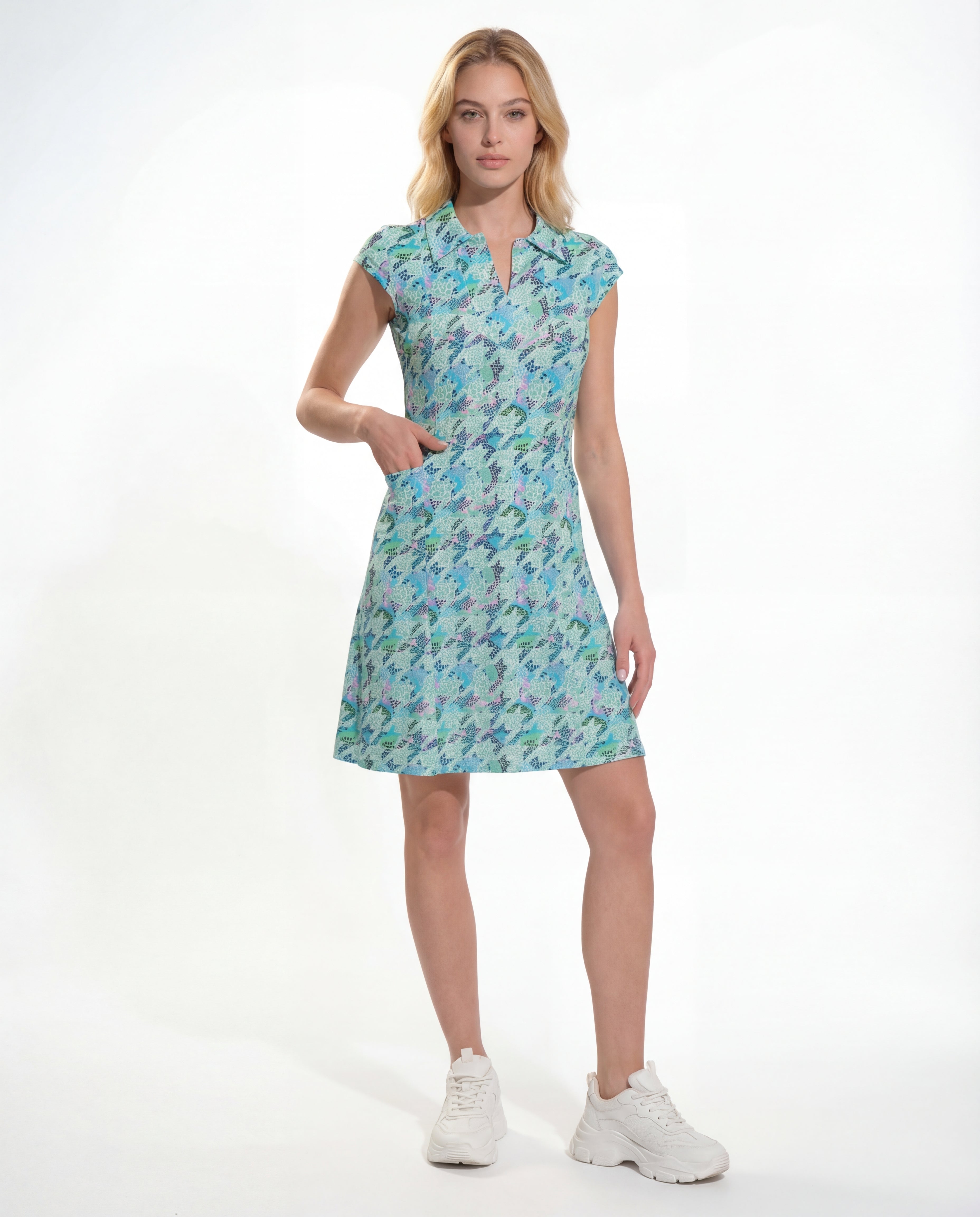 Houndstooth Polo Neck Cap Sleeve Polo Dress W/Pocket 67Z07