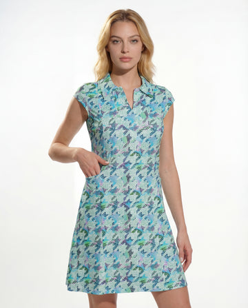 Houndstooth Polo Neck Cap Sleeve Polo Dress W/Pocket 67Z07