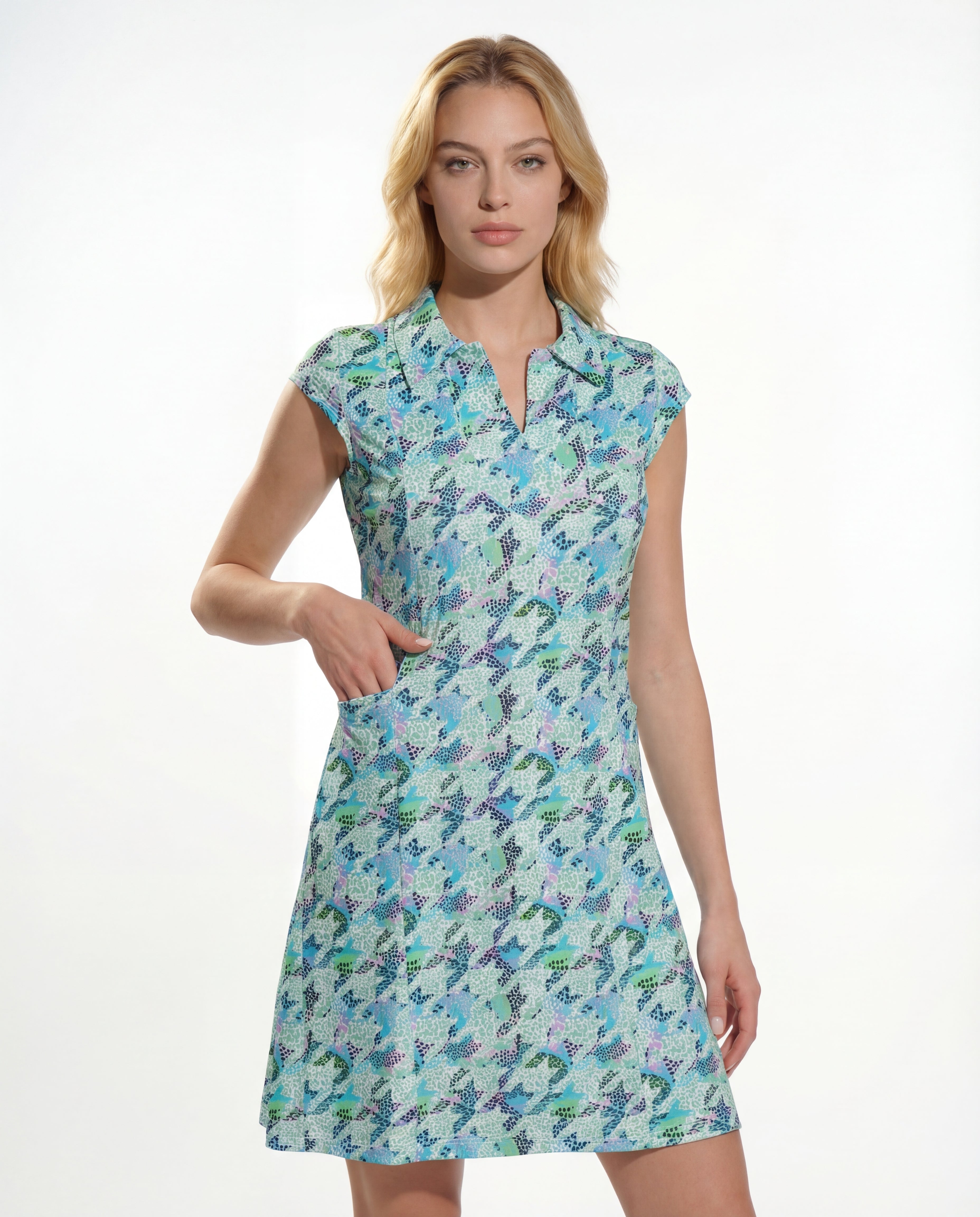 Houndstooth Polo Neck Cap Sleeve Polo Dress W/Pocket 67Z07
