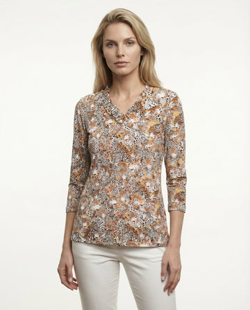 Wild side 3/4 Sleeve Ruffle Portrait Neck Top 76Z48