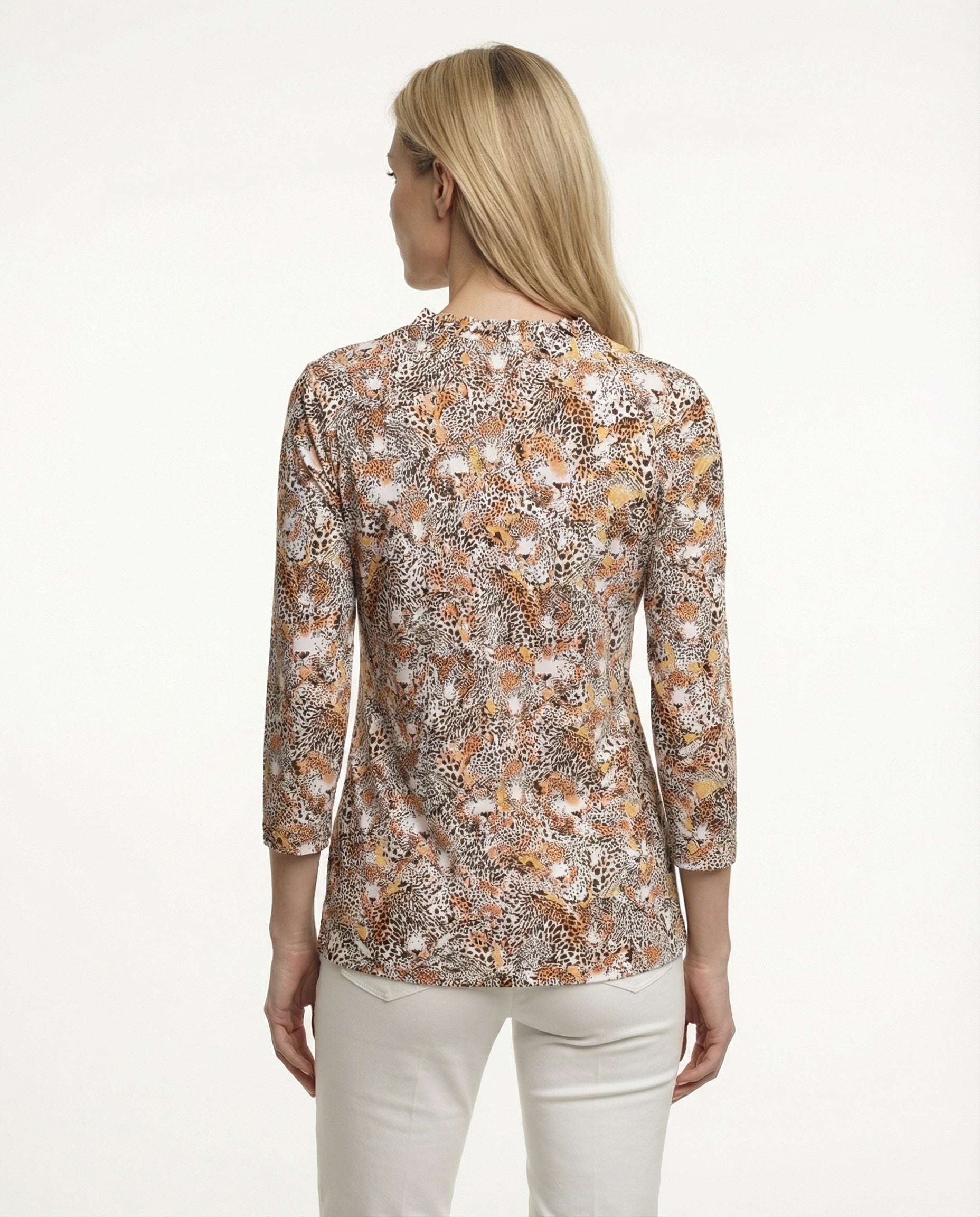 Wild side 3/4 Sleeve Ruffle Portrait Neck Top 76Z48