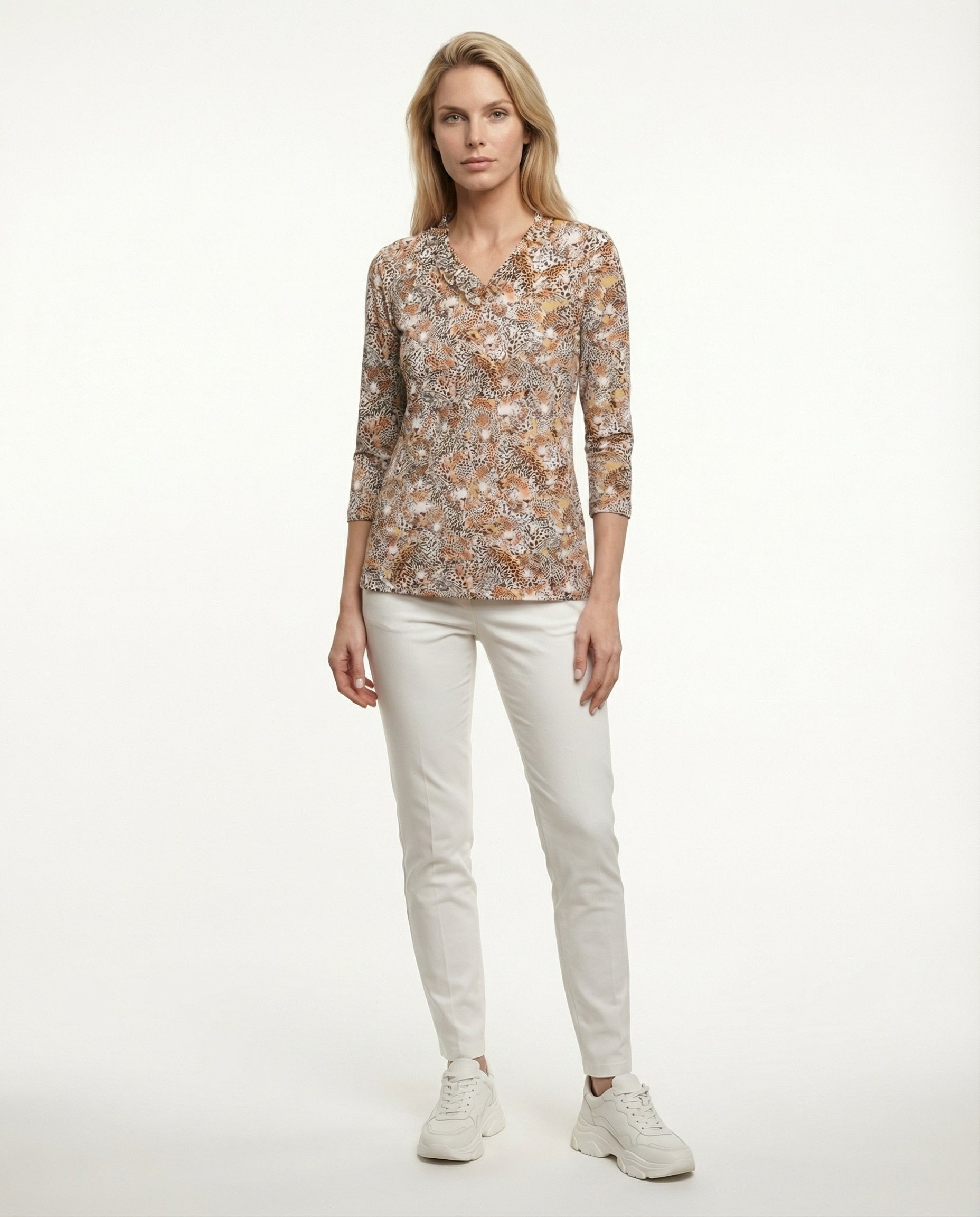 Wild side 3/4 Sleeve Ruffle Portrait Neck Top 76Z48