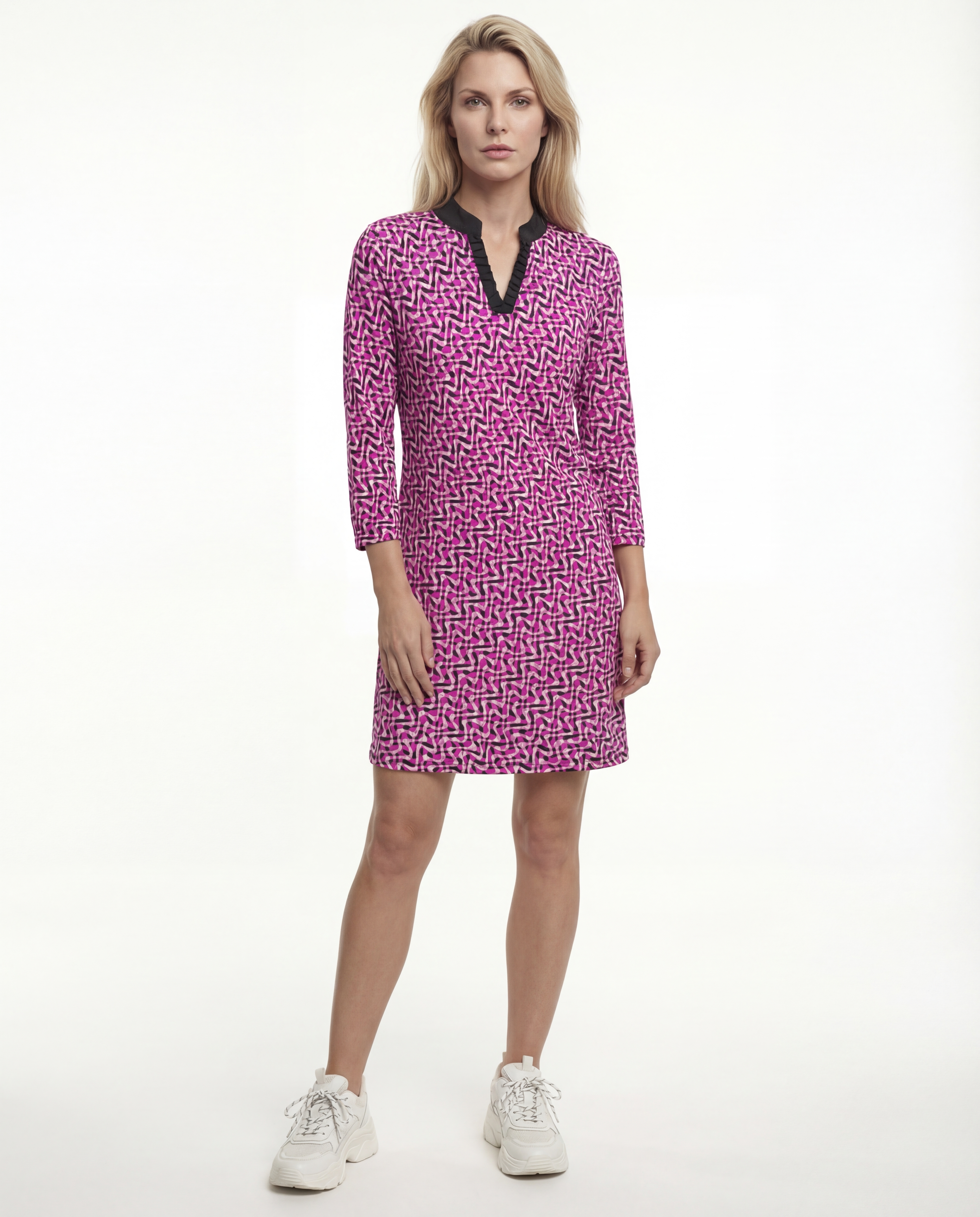 Velocity 3/4 Sleeve Ruffle Placket Mock Neck Dress