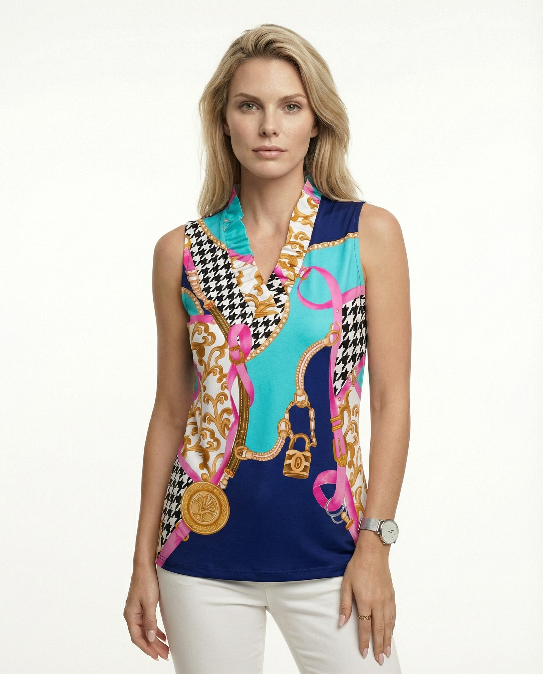 Caress Sleeveless Ruffle Portrait Neck Top 80Z03