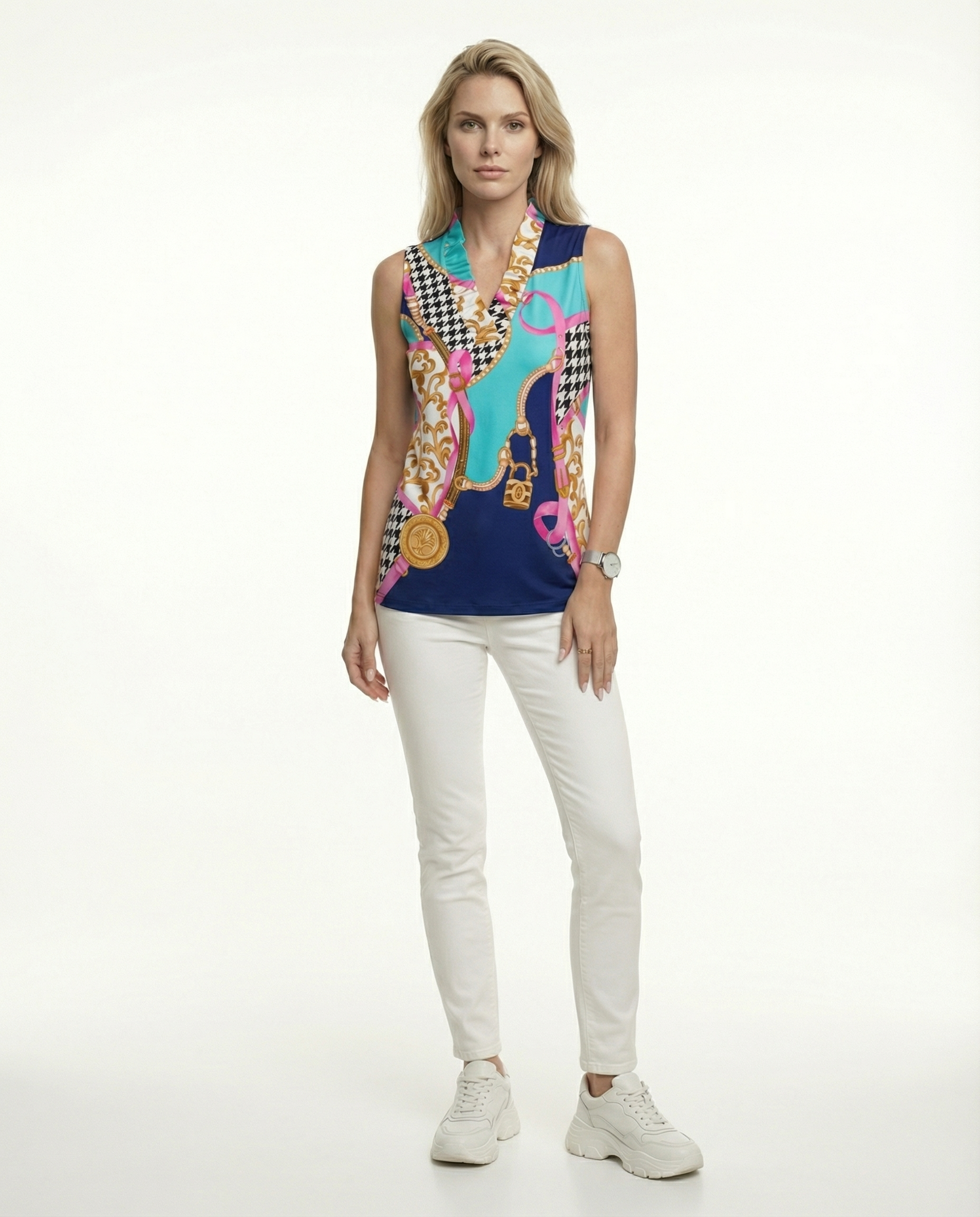 Caress Sleeveless Ruffle Portrait Neck Top 80Z03