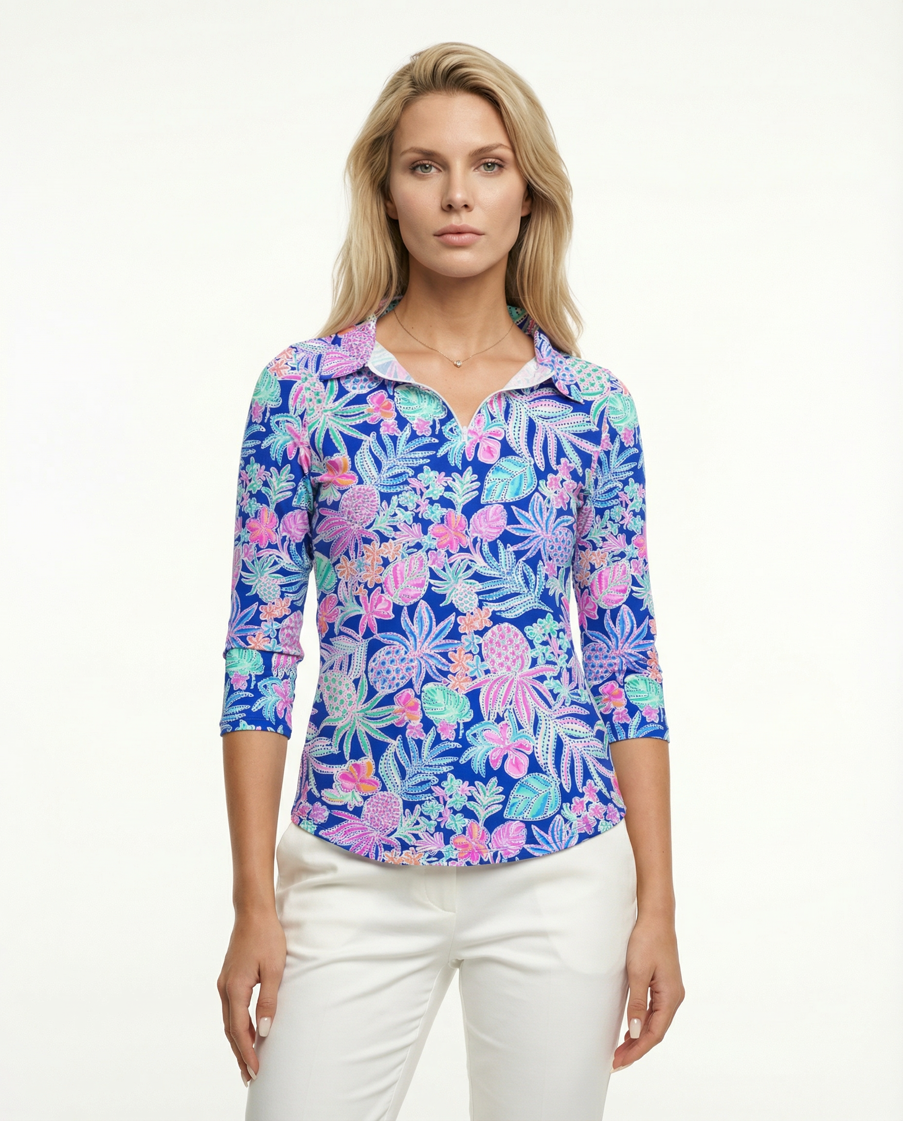 Tropical Basket 3/4 Sleeve Polo Top 48Z60