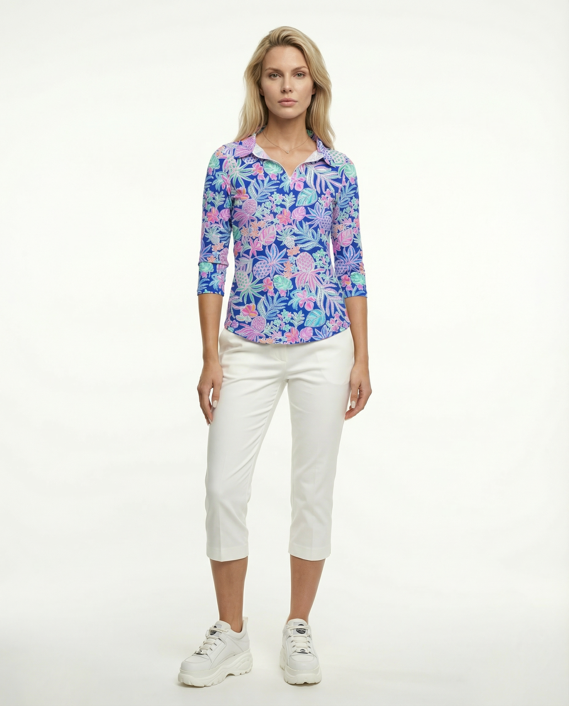 Tropical Basket 3/4 Sleeve Polo Top 48Z60