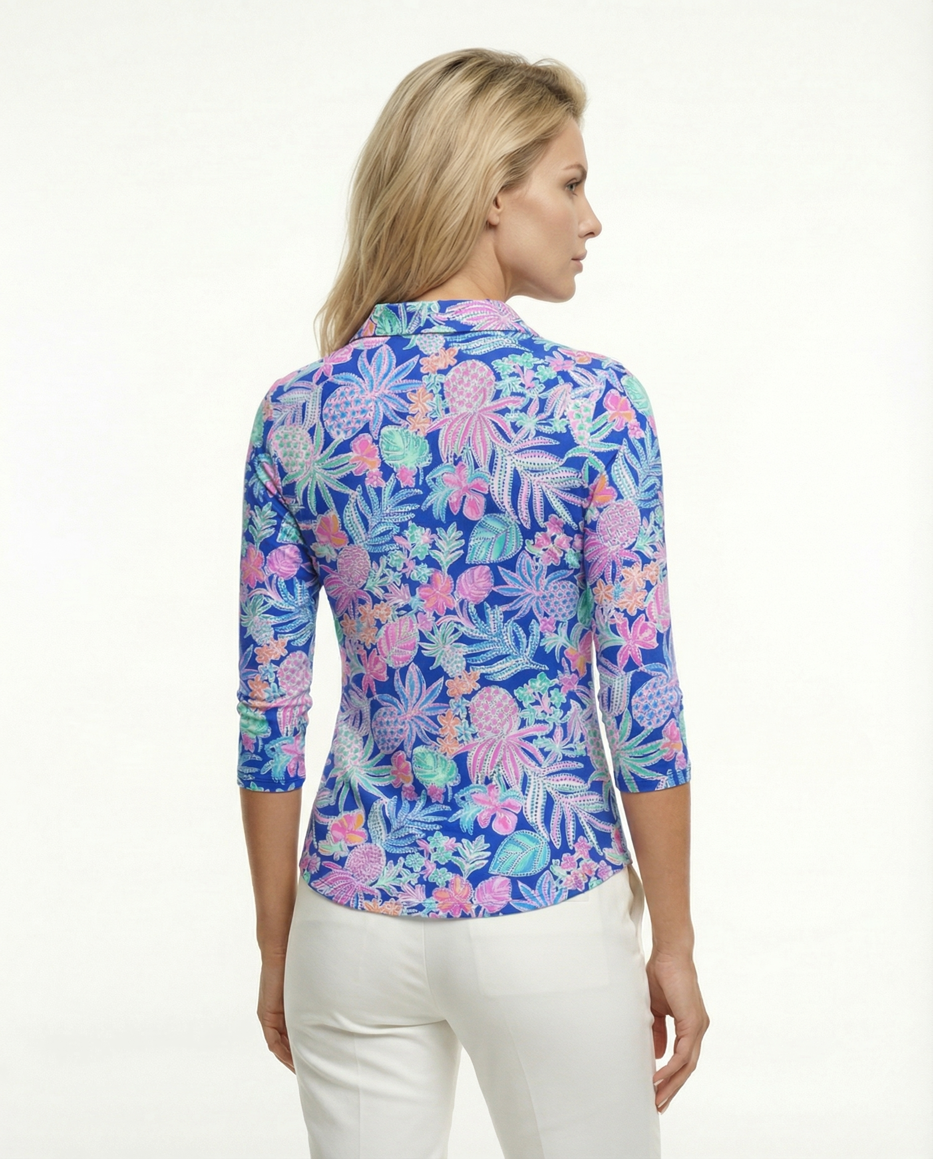 Tropical Basket 3/4 Sleeve Polo Top 48Z60
