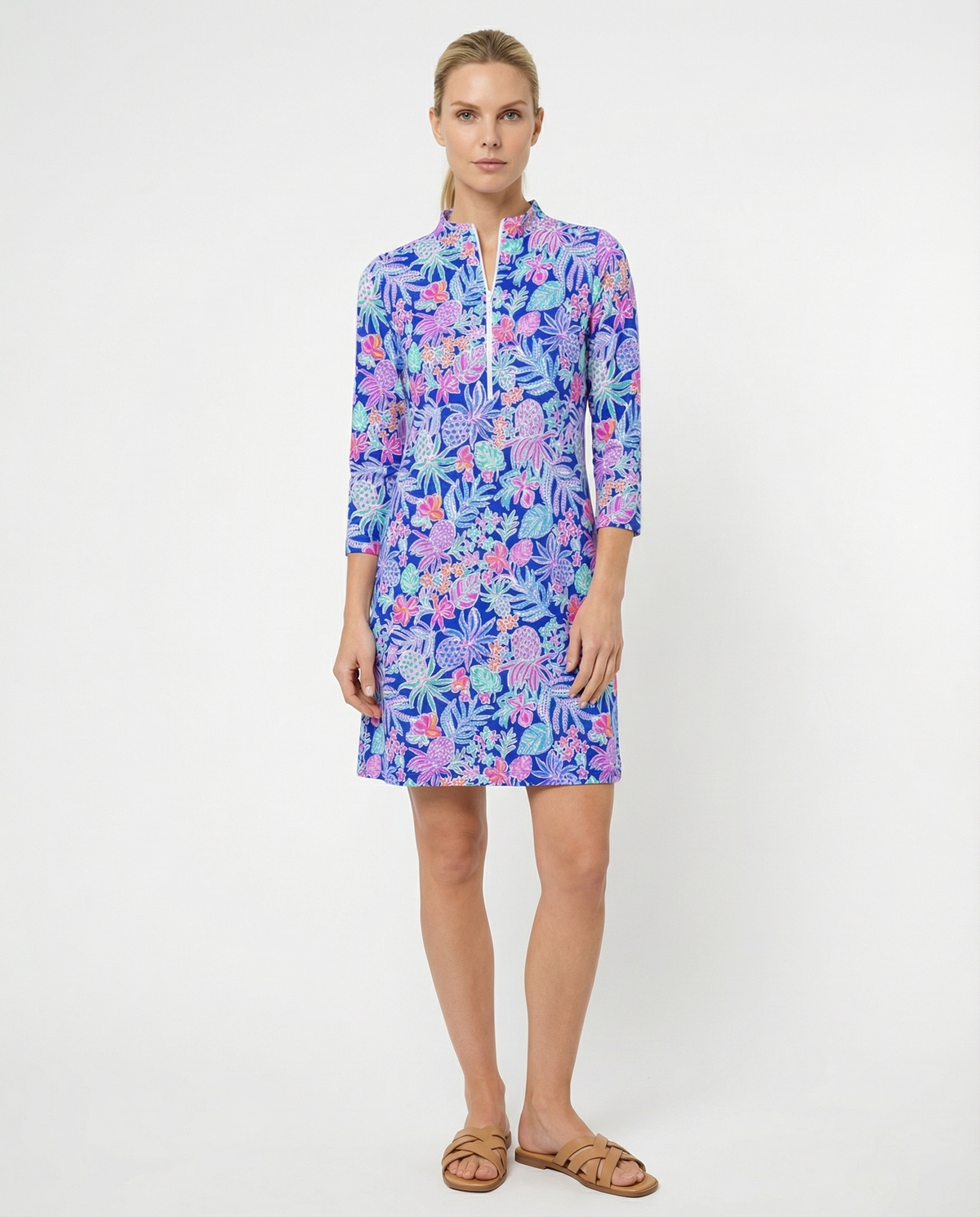 Tropical Basket 3/4 Slit Sleeves Portrait Neckline & Mock Zip Collar Dress 50Z60