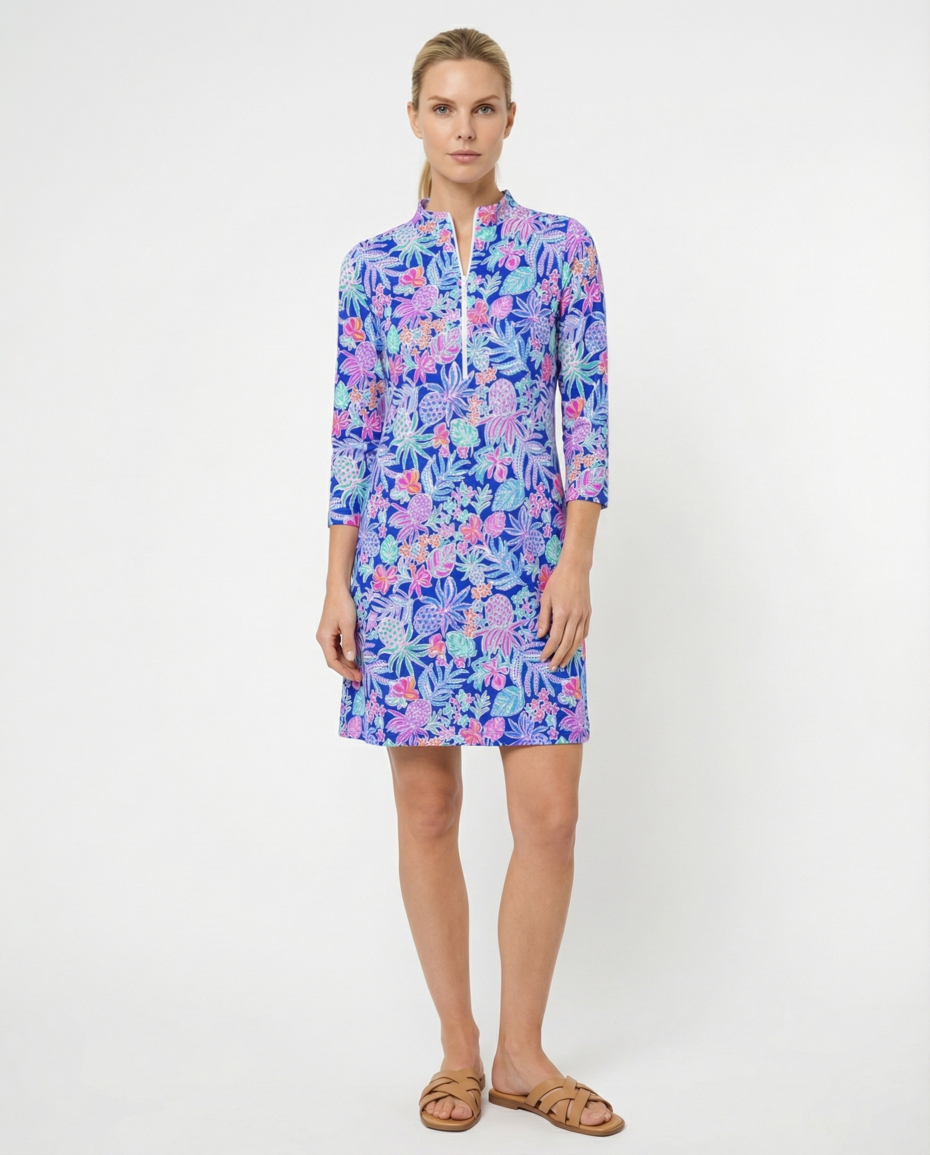 Tropical Basket 3/4 Slit Sleeves Portrait Neckline & Mock Zip Collar Dress 50Z60