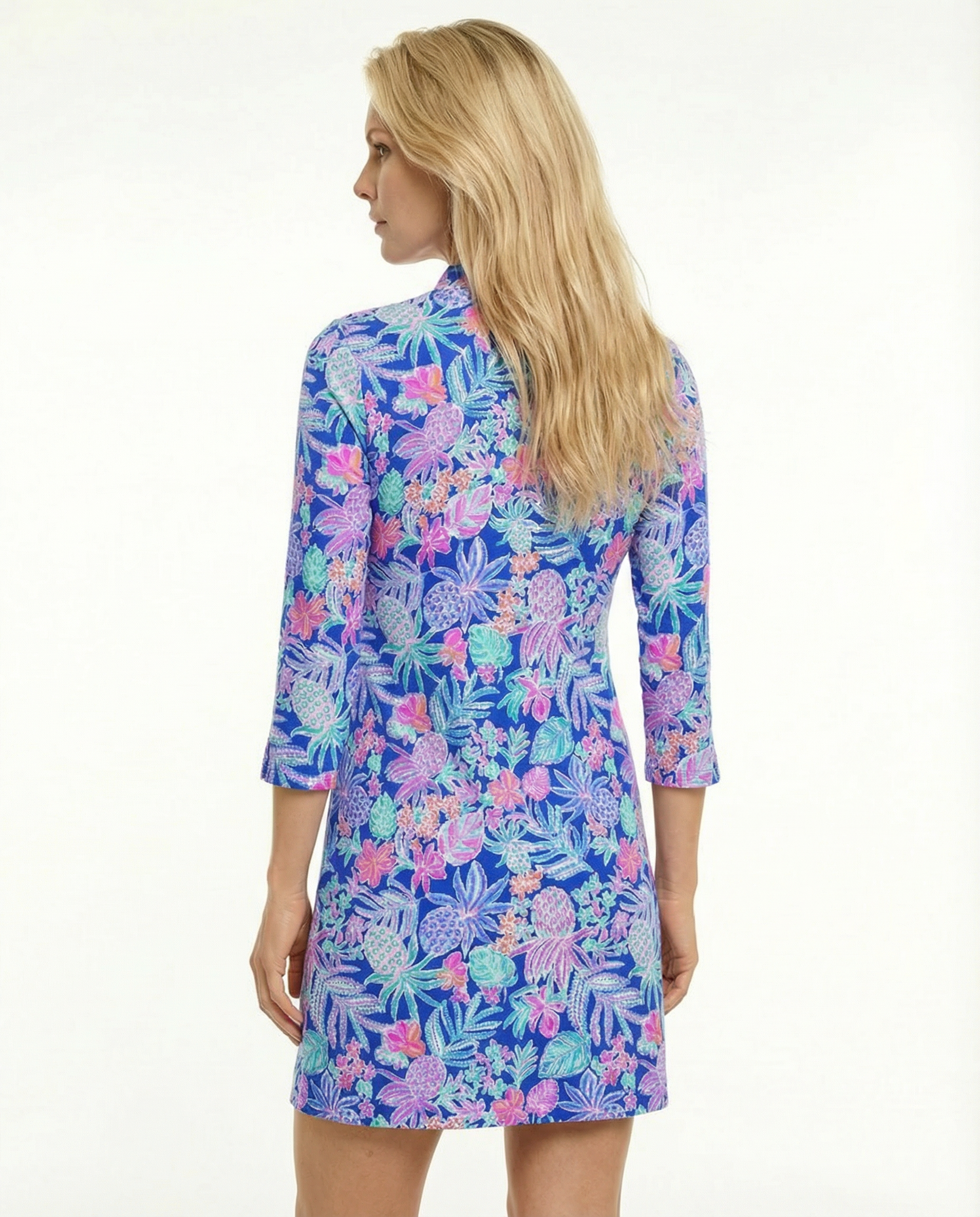 Tropical Basket 3/4 Slit Sleeves Portrait Neckline & Mock Zip Collar Dress 50Z60